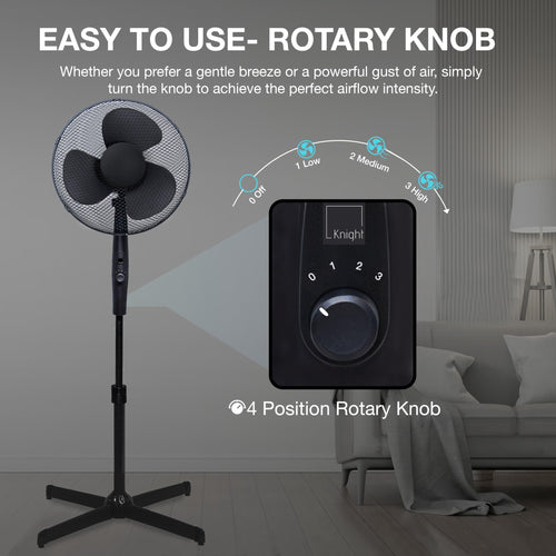 Knight 16" Pedestal Stand Fan With 3 Speed Rotary Knob, Extra Wide Cross Base, Oscillation & Tilting Head, 1.4m Height Adjustment, Quiet Operation Fan For Home, Bedroom & Kitchen - Matt Black