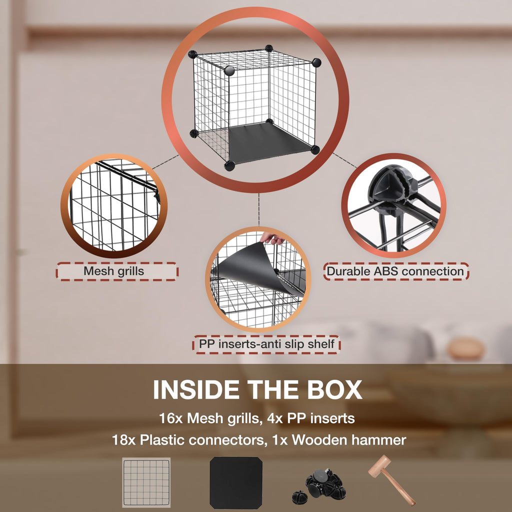 Knight 4 Cube Interlocking Storage Rack | Metal Wire Mesh Shelves | Combination Display Stand Unit | Large Capacity | Free Rubber Mallet | 62x31x62cm | Black