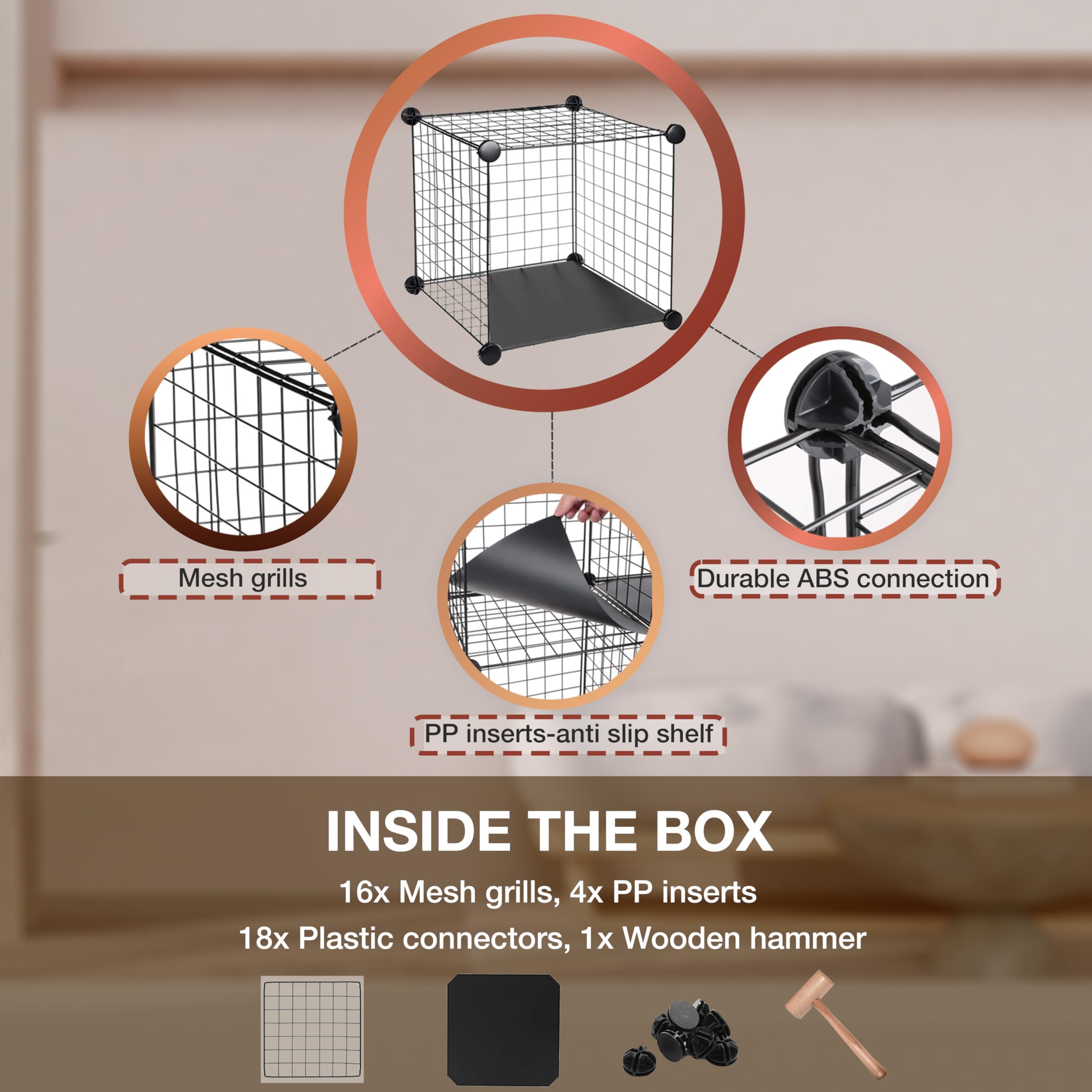 Knight 4 Cube Interlocking Storage Rack | Metal Wire Mesh Shelves | Combination Display Stand Unit | Large Capacity | Free Rubber Mallet | 62x31x62cm | Black