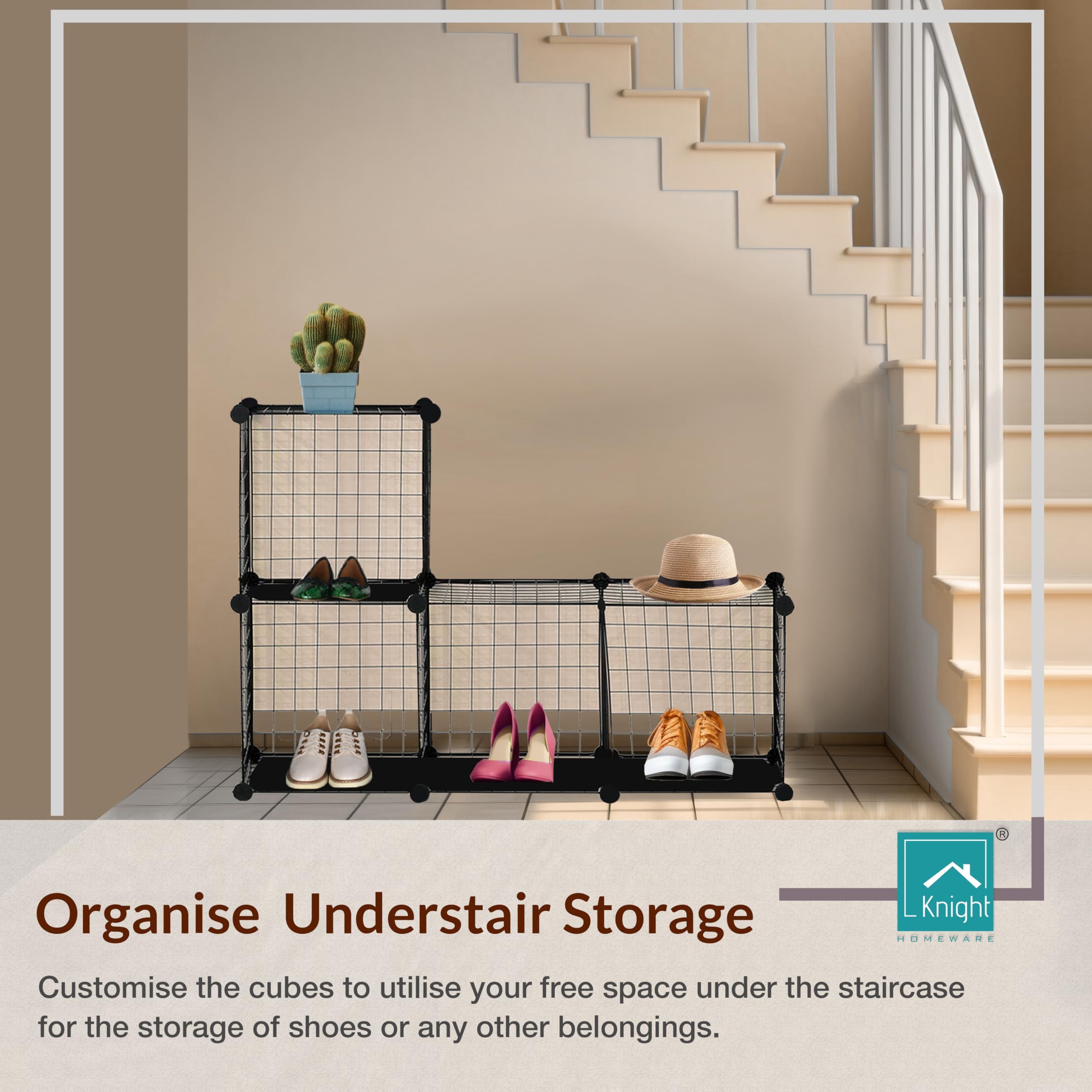 Knight 4 Cube Interlocking Storage Rack | Metal Wire Mesh Shelves | Combination Display Stand Unit | Large Capacity | Free Rubber Mallet | 62x31x62cm | Black