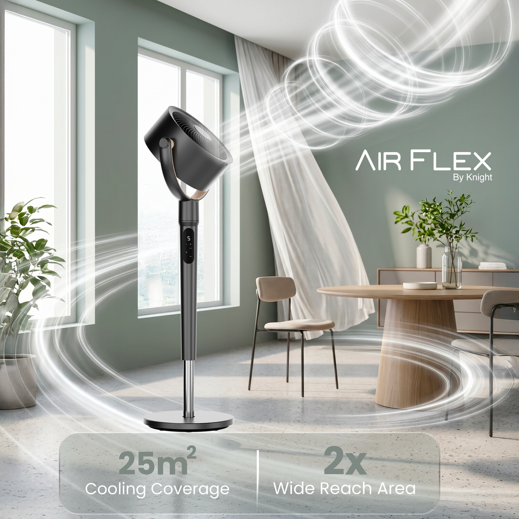 Knight AirFlex 360º Cooling Pedestal Fan with Remote Control 45” Silent DC Motor Floor Fan 8 Wind Speed 8 Hours Timer 120º Vertical & Horizontal Dual Oscillation Adjustable Height Fan for Bedroom [Energy Class A+++]