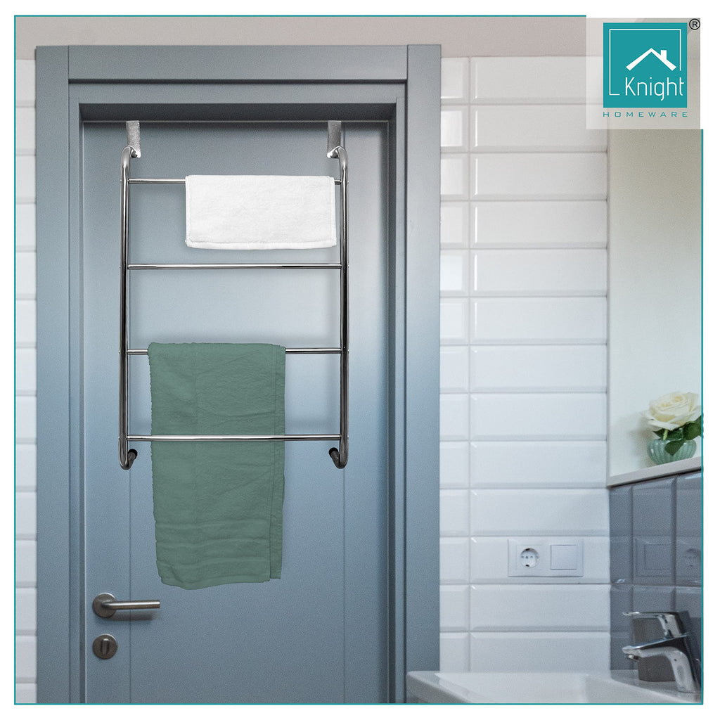 Knight Over Door Towel Rail With 4 Towel Bar | Hanging Towel Rack For Bathroom & Kitchen | Hand Towel Holder | Kitchen Towel Holder | Chrome Finish.
