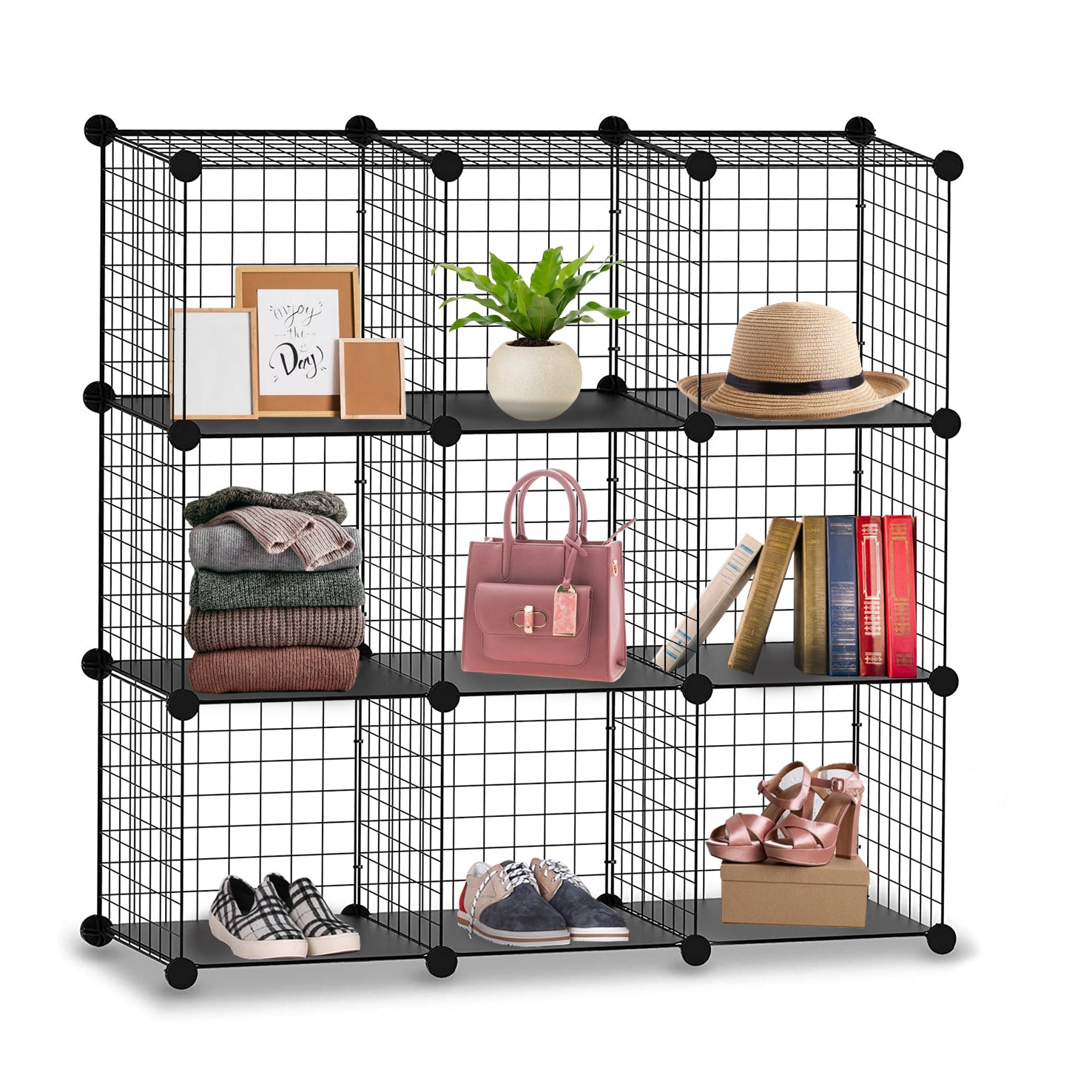 9‑Cube Interlocking Storage Rack with Metal Wire Mesh Shelves – Modular Organiser Unit| KNIGHT