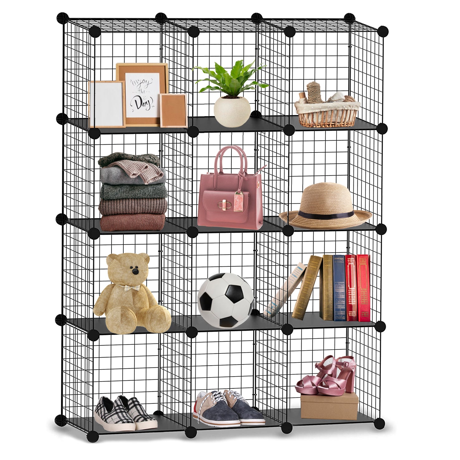 Knight 12 Cube Interlocking Storage Rack with Metal Wire Mesh Shelves Multifunctional Wire Fence Display Stand Unit Cabinet Large Capacity Free Rubber Mallet 123 x 93 x 31 cm Black