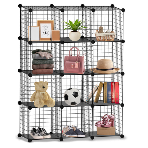 Knight 12 Cube Interlocking Storage Rack with Metal Wire Mesh Shelves Multifunctional Wire Fence Display Stand Unit Cabinet Large Capacity Free Rubber Mallet 123 x 93 x 31 cm Black