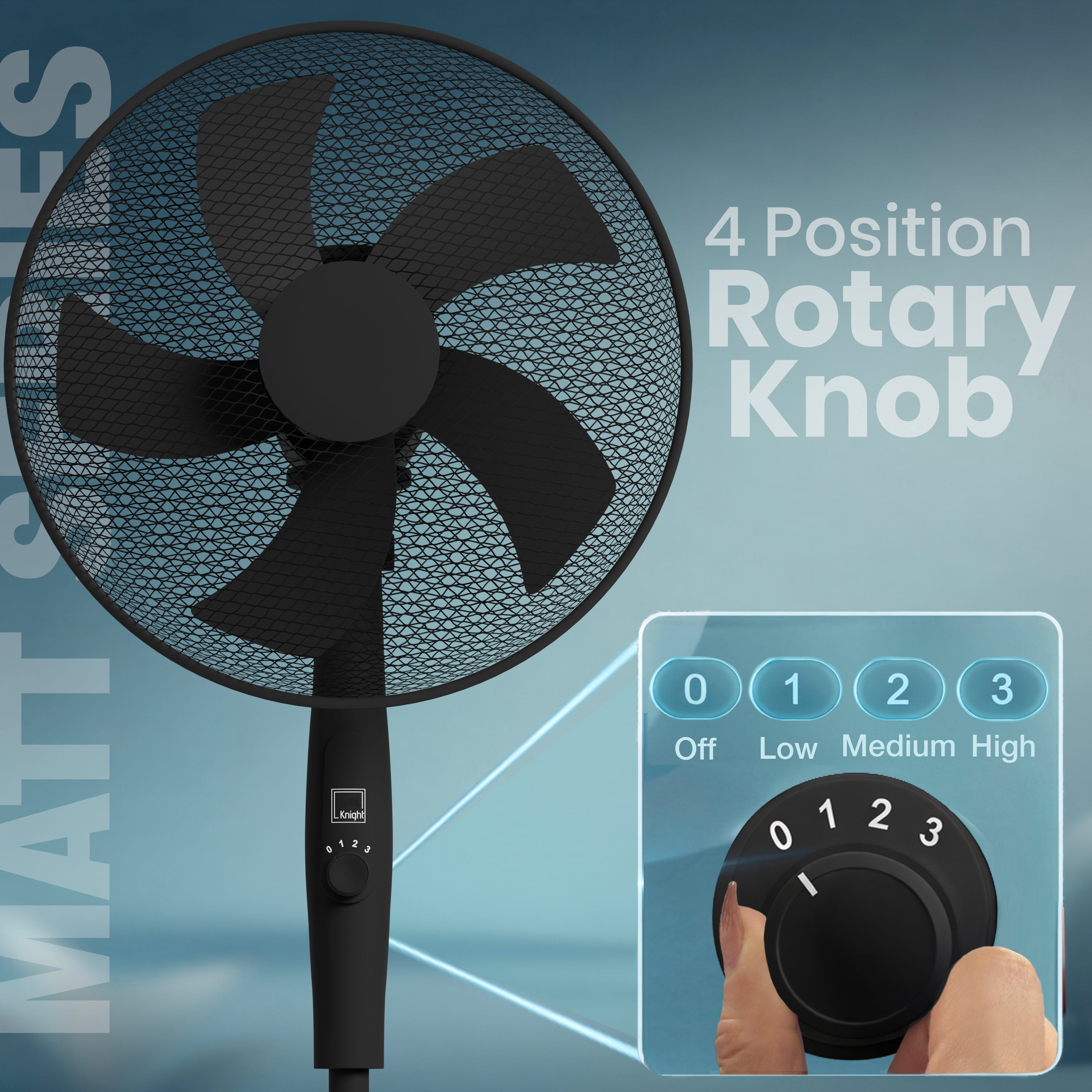 KNIGHT 16" Pedestal Stand Fan with Rotary Knob – Black