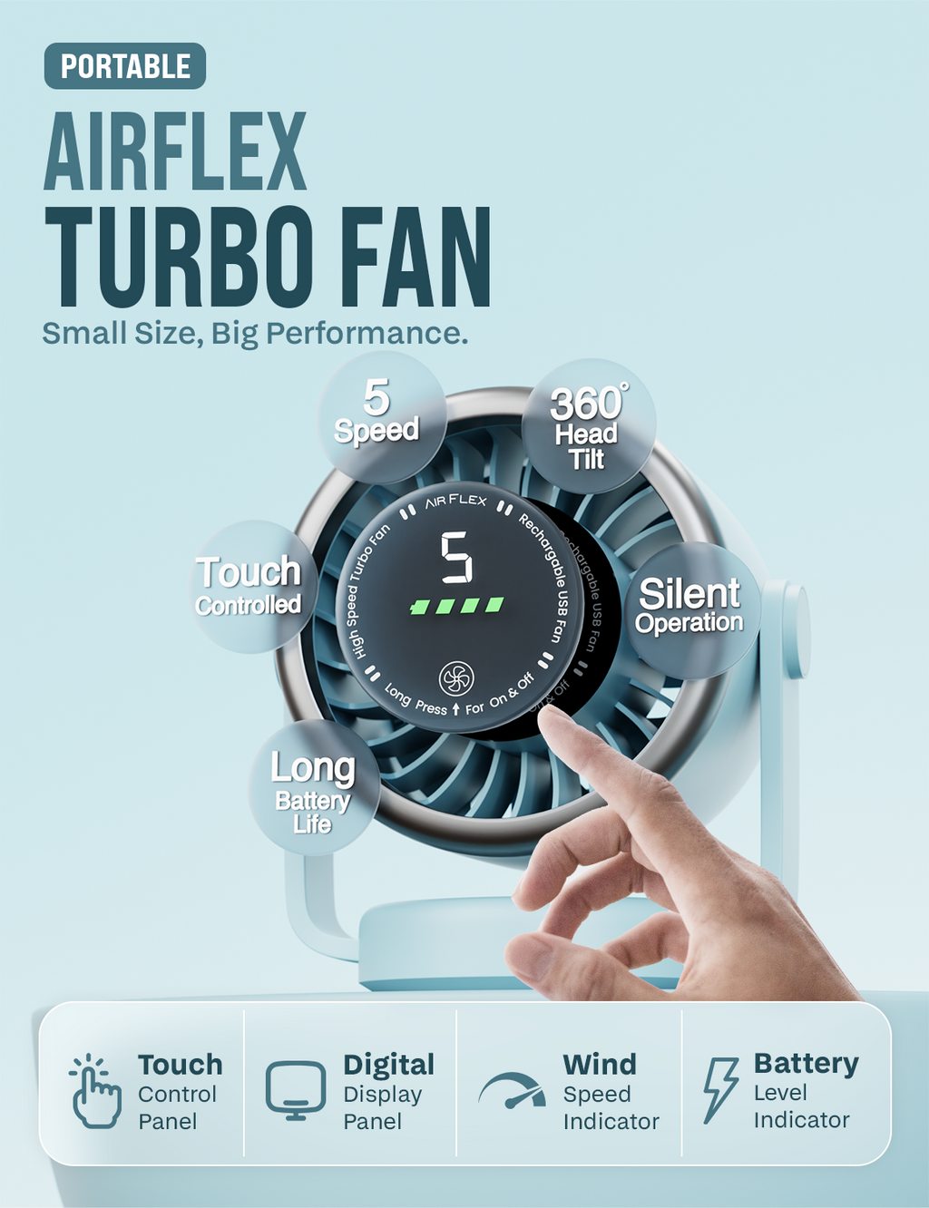 Knight AirFlex Mini Desk Fan, USB Rechargeable 3600mAh Battery - Use up to 10-Hours, Turbo Speed, Led Display, 5 Wind Speed Setting, Adjustable Angle, Portable Fan for Indoor&Outdoor (Arctic Breeze)