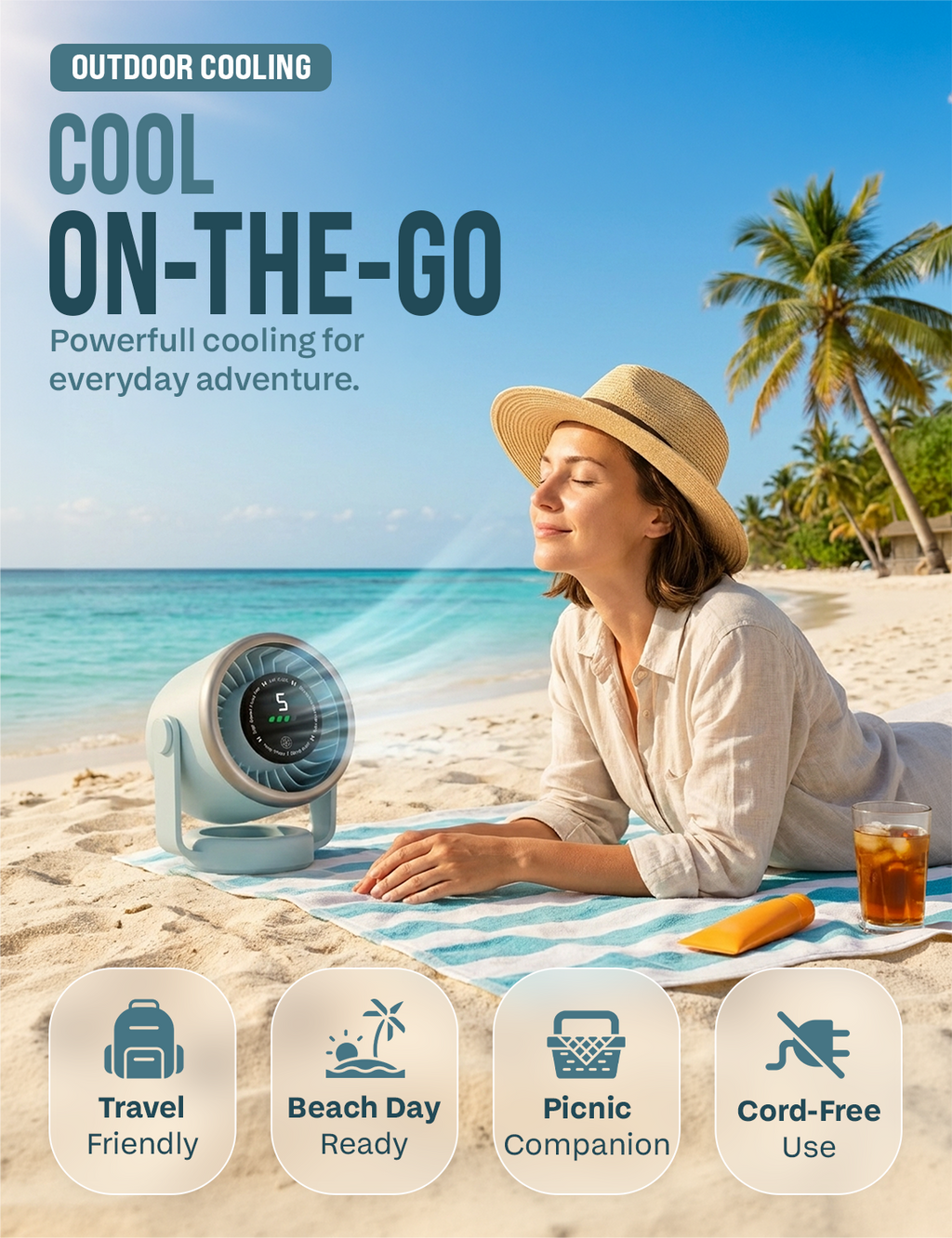 Knight AirFlex Mini Desk Fan, USB Rechargeable 3600mAh Battery - Use up to 10-Hours, Turbo Speed, Led Display, 5 Wind Speed Setting, Adjustable Angle, Portable Fan for Indoor&Outdoor (Arctic Breeze)