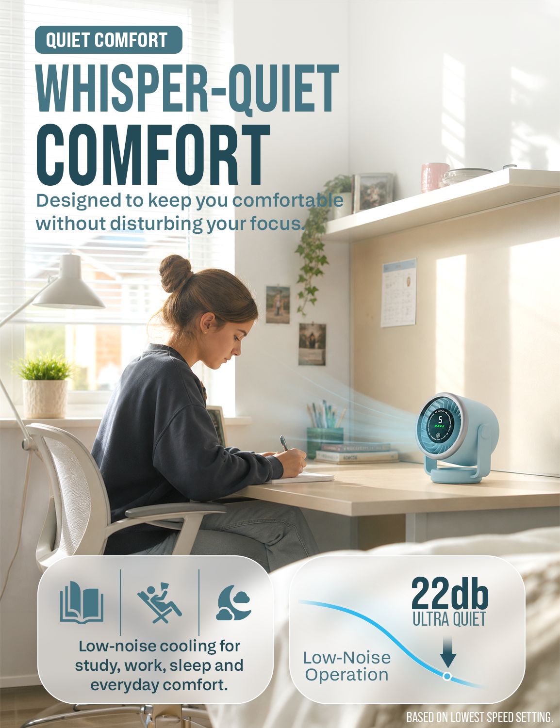 Knight AirFlex Mini Desk Fan, USB Rechargeable 3600mAh Battery - Use up to 10-Hours, Turbo Speed, Led Display, 5 Wind Speed Setting, Adjustable Angle, Portable Fan for Indoor&Outdoor (Arctic Breeze)