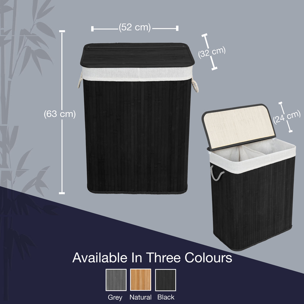 Knight Bamboo Laundry Hamper 105L - Dual Compartment Basket, Removable & Washable Liner, Foldable, Natural, for Bedroom & Bathroom, 52x32x63cm (Black)