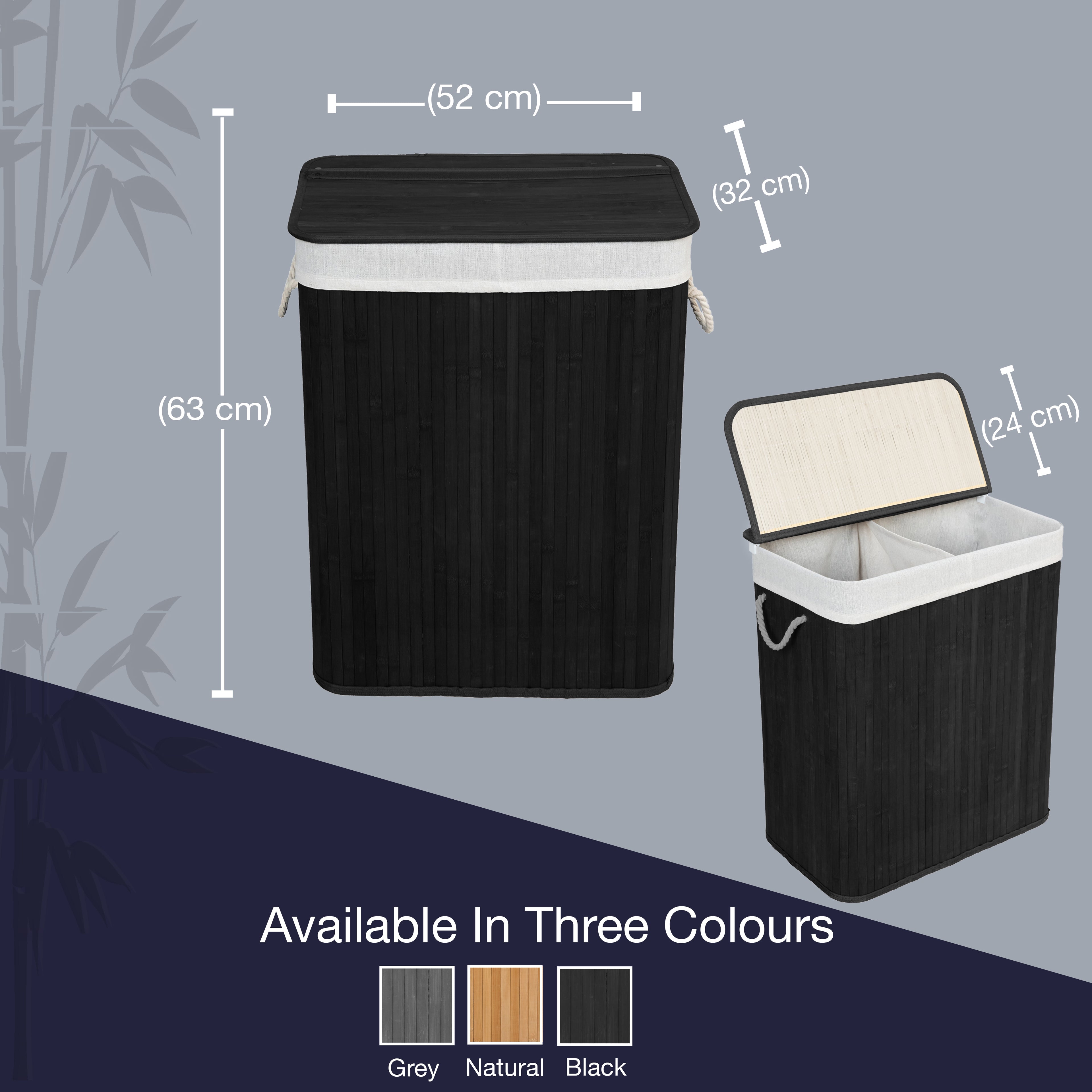 Knight Bamboo Laundry Hamper 105L - Dual Compartment Basket, Removable & Washable Liner, Foldable, Natural, for Bedroom & Bathroom, 52x32x63cm (Black)