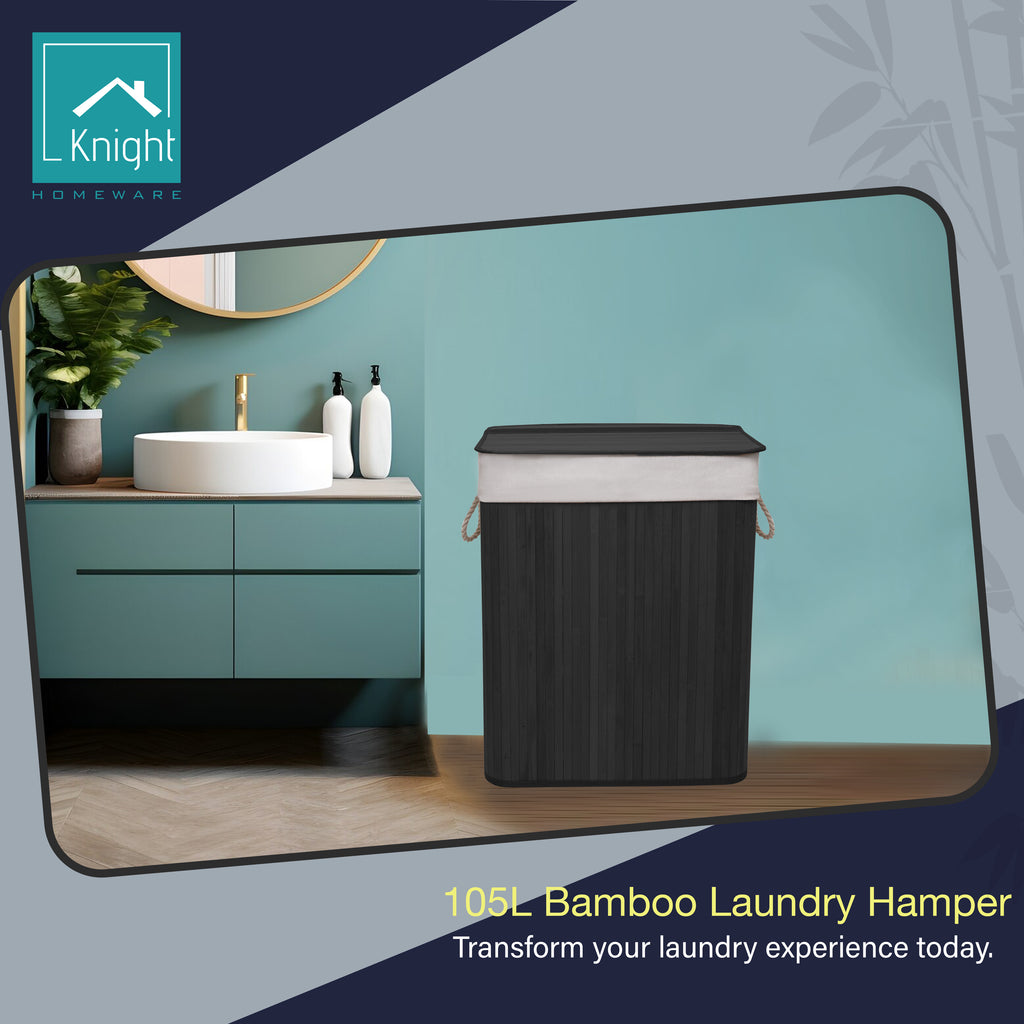 Knight Bamboo Laundry Hamper 105L - Dual Compartment Basket, Removable & Washable Liner, Foldable, Natural, for Bedroom & Bathroom, 52x32x63cm (Black)