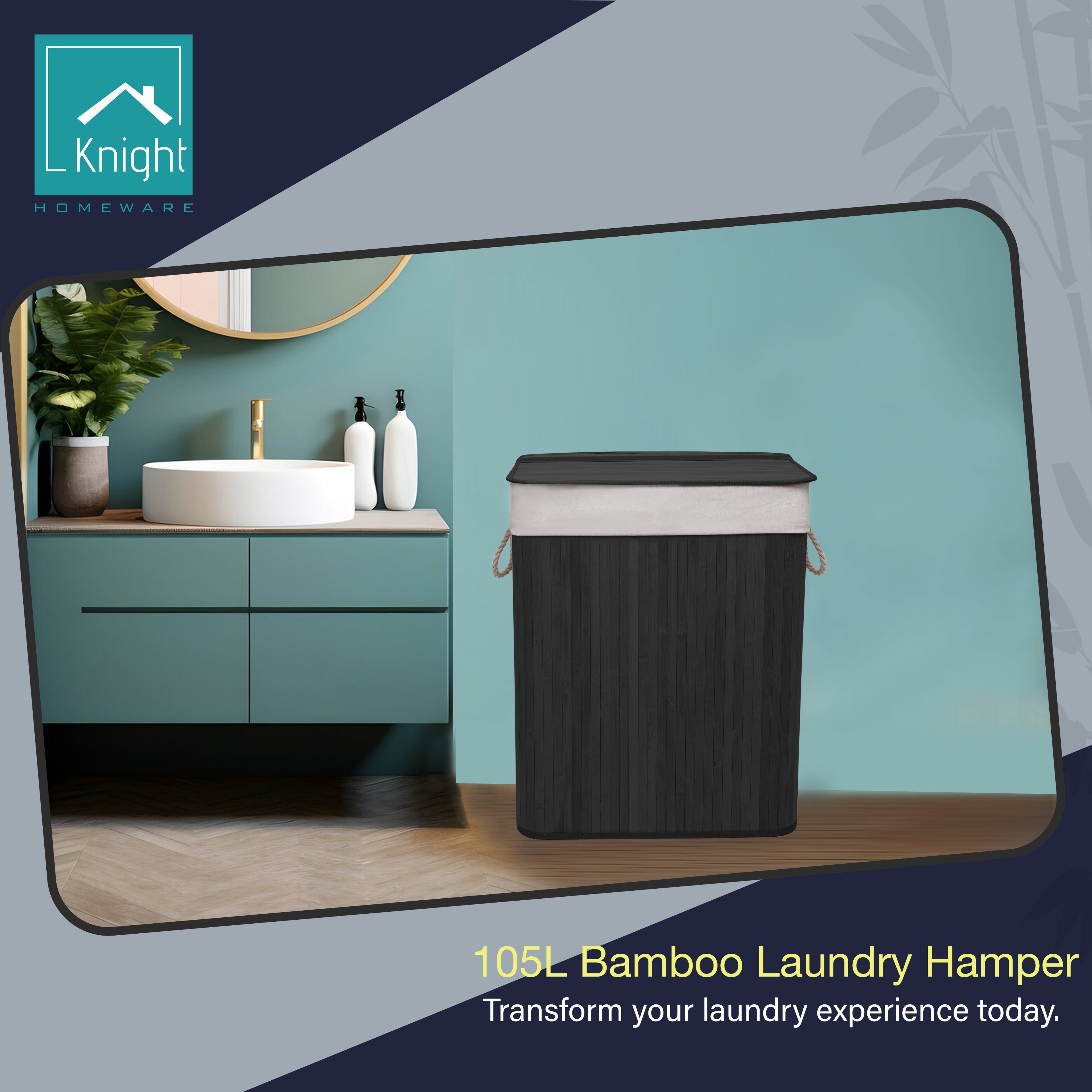 Knight Bamboo Laundry Hamper 105L - Dual Compartment Basket, Removable & Washable Liner, Foldable, Natural, for Bedroom & Bathroom, 52x32x63cm (Black)
