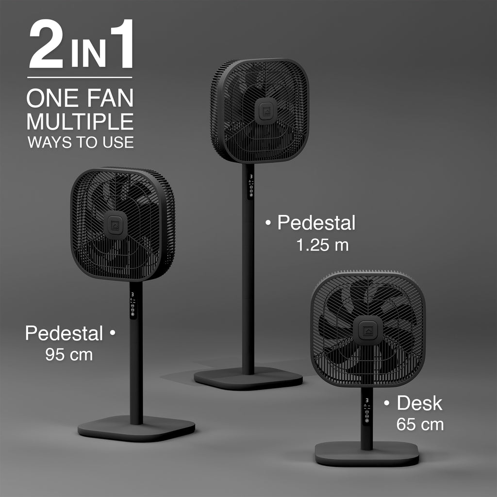 Knight 2in1 16" Square Stand Fan &amp; Desk Fan with Remote Control, Timer &amp; 3 speed Setting | 9 Blades Turbo Wind | Square Base | Oscillation | Easy Assemble - No Tools | Black