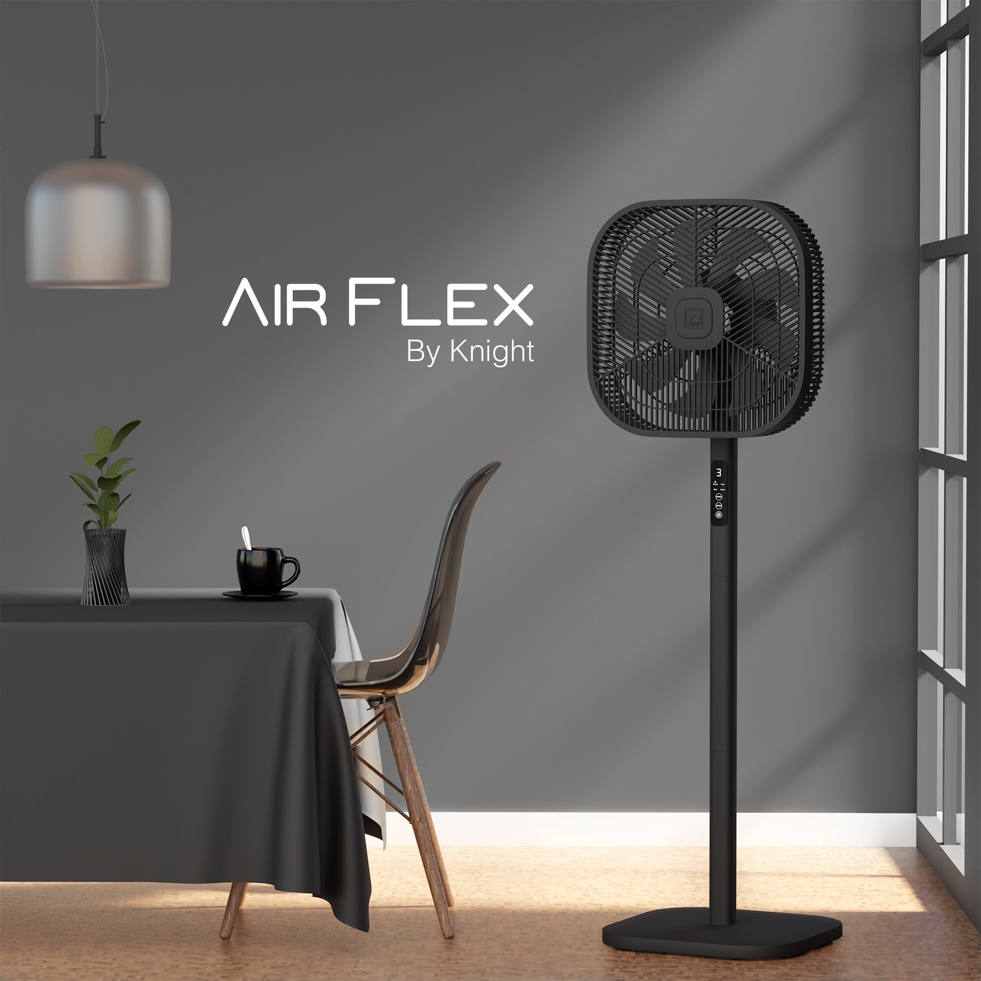 Knight 2in1 16" Square Stand Fan &amp; Desk Fan with Remote Control, Timer &amp; 3 speed Setting | 9 Blades Turbo Wind | Square Base | Oscillation | Easy Assemble - No Tools | Black