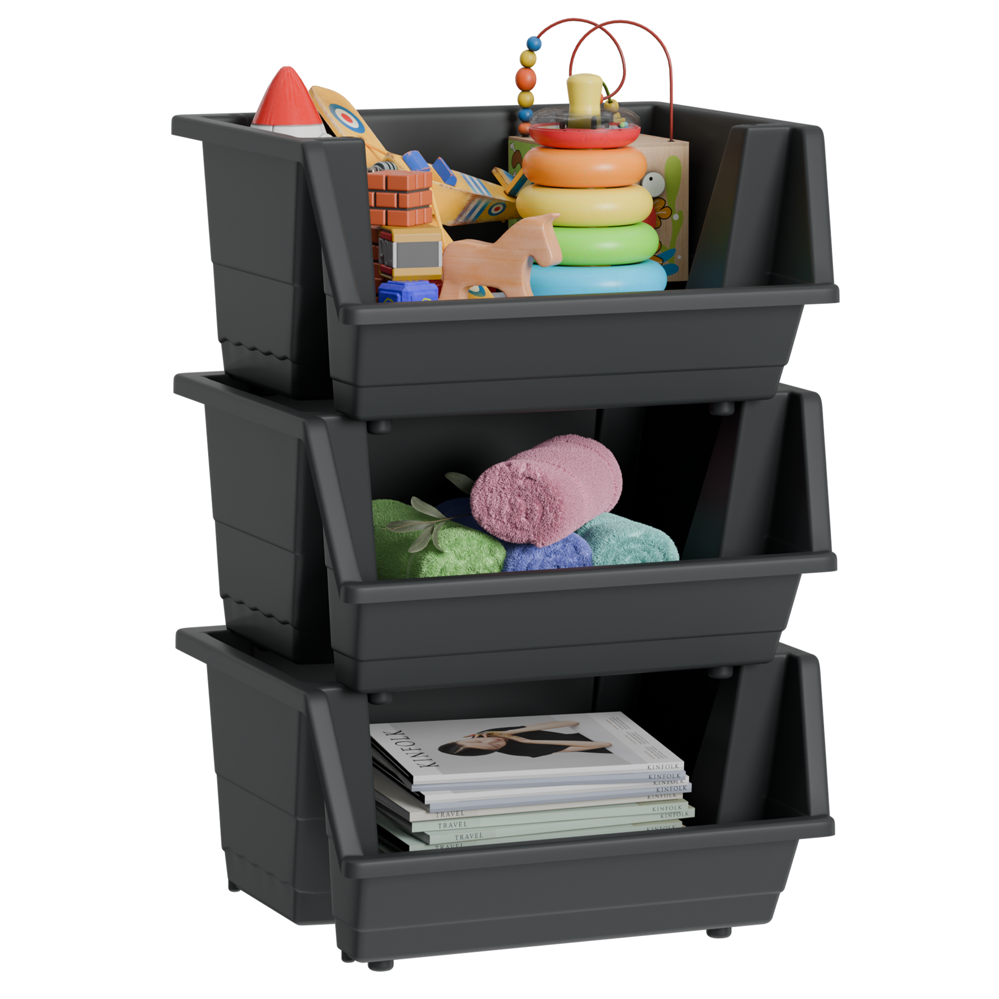 Grey Stackable Storage Boxes – 3 Pack | KNIGHT 40L Open‑Front Organiser