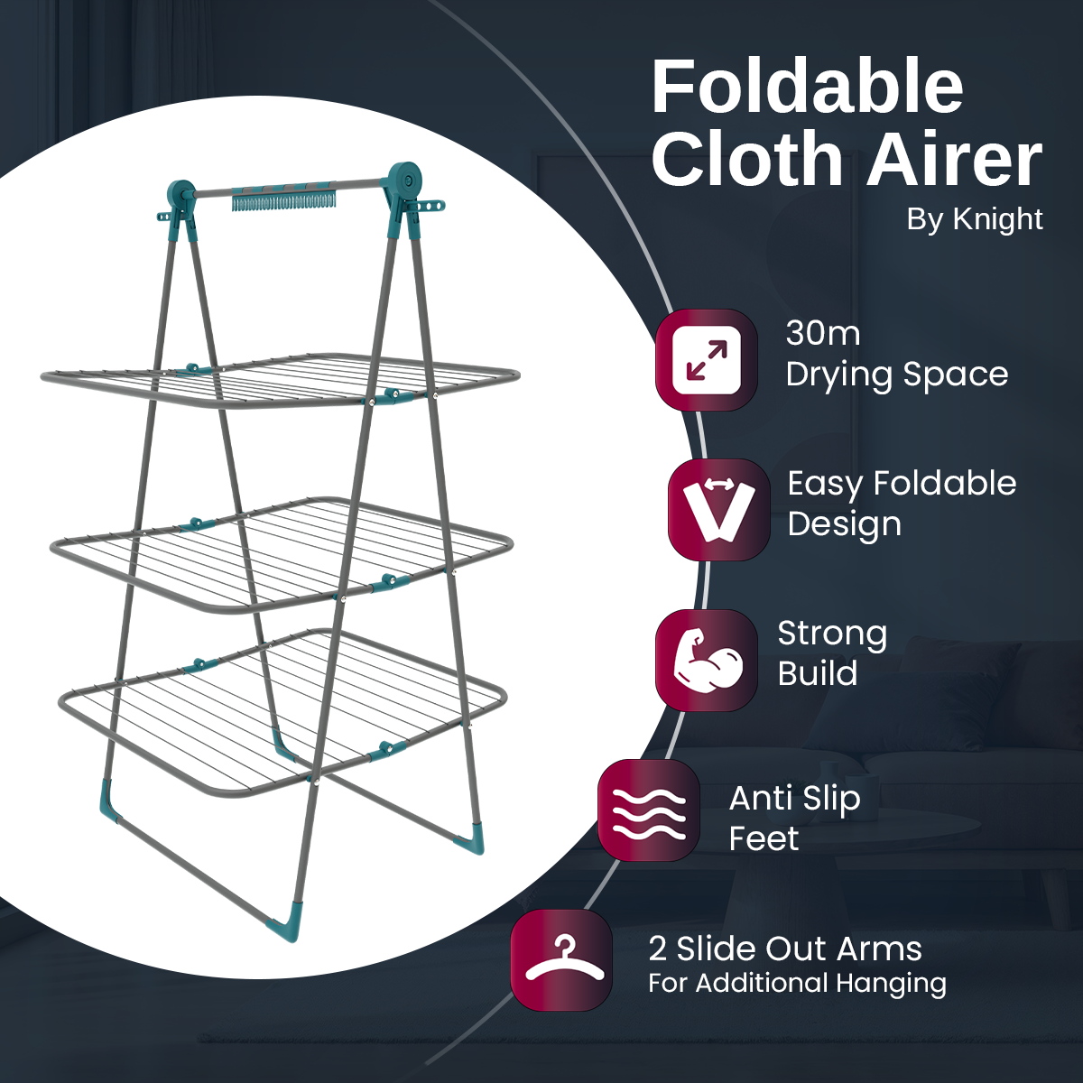 KNIGHT 3‑Tier Teal Grey Clothes Airer – 30m Indoor Drying Rack