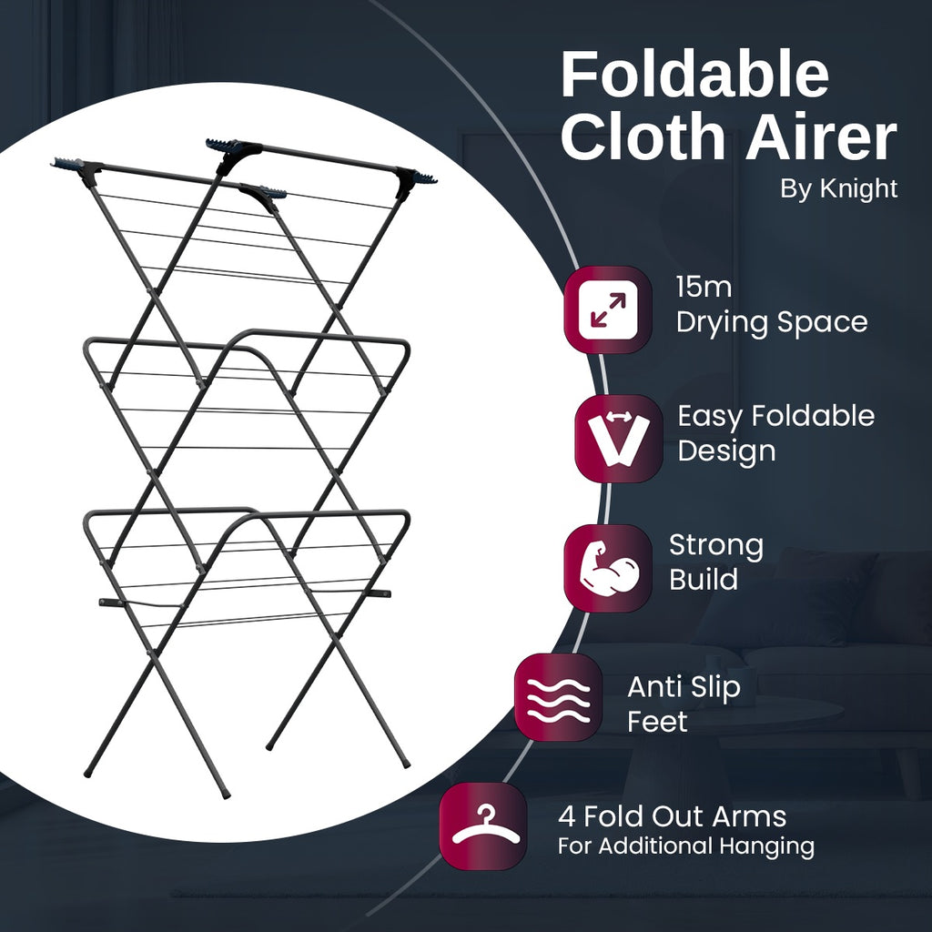 3 Tier Clothes Airer – Foldable Outdoor & Indoor  Drying Rack (Grey) | KNIGHT