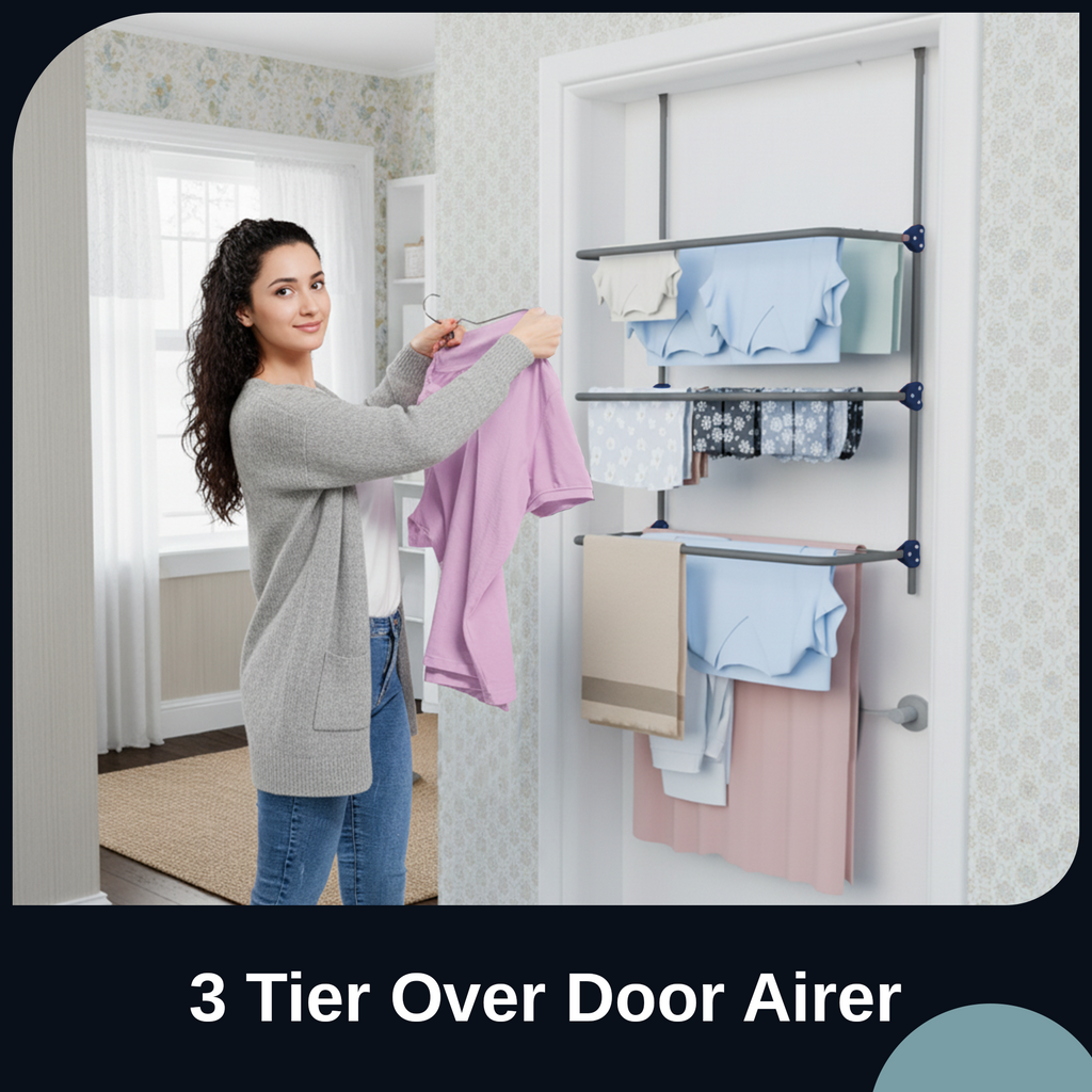 KNIGHT 3‑Tier Over‑The‑Door Clothes Airer – Space‑Saving Folding Drying Rack (Grey)