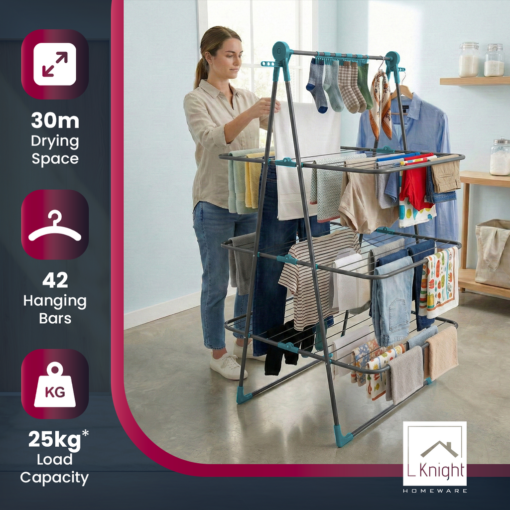 Knight 3 Tier Clothes Airer, 30m Drying Space, Free Standing Foldaway Clothes Drying Rack, Laundry Drying, Non Slip Feet, Extra Hanging Bar with Socks Clip, Space Saving Patent Design (Grey & Teal)