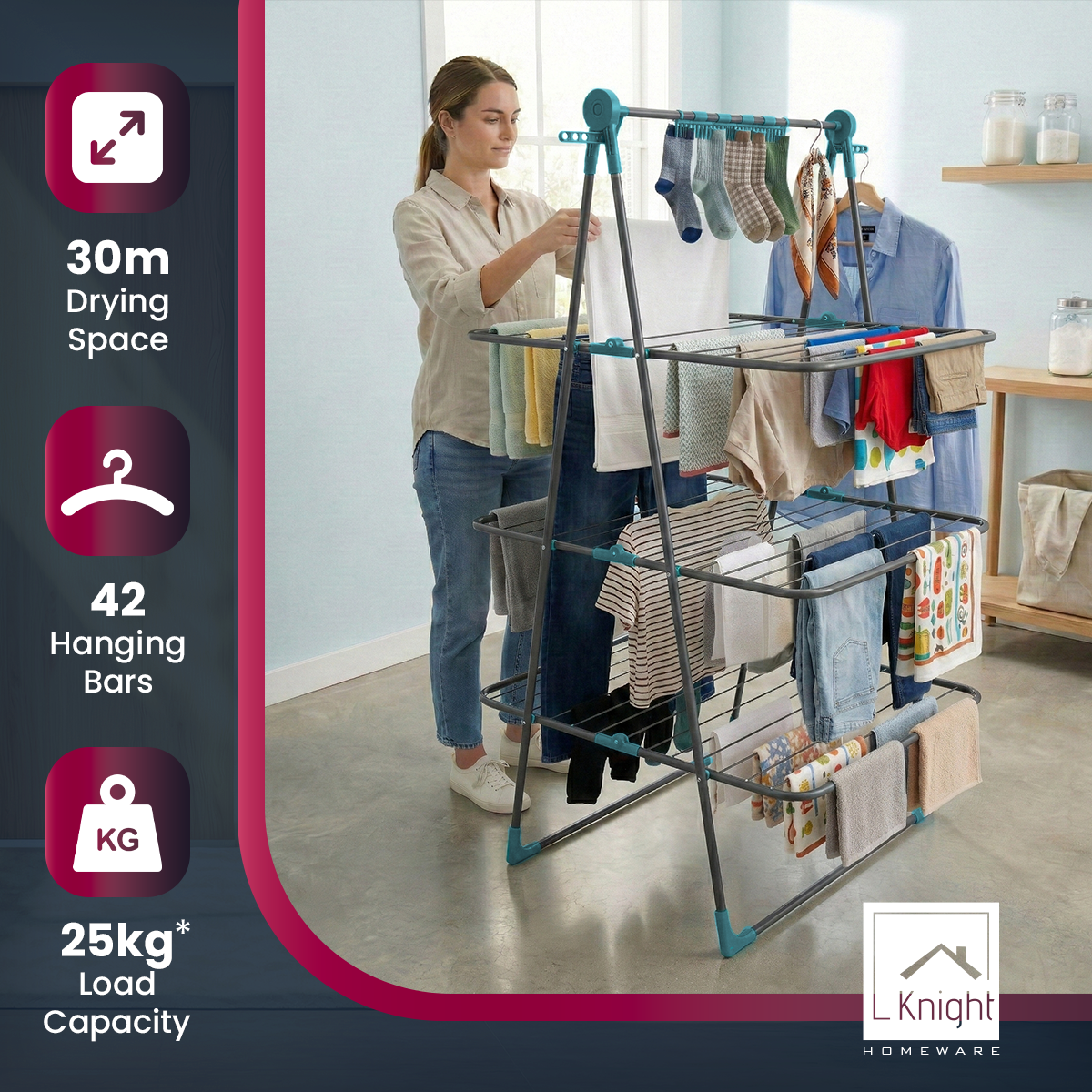 KNIGHT 3‑Tier Teal Grey Clothes Airer – 30m Indoor Drying Rack
