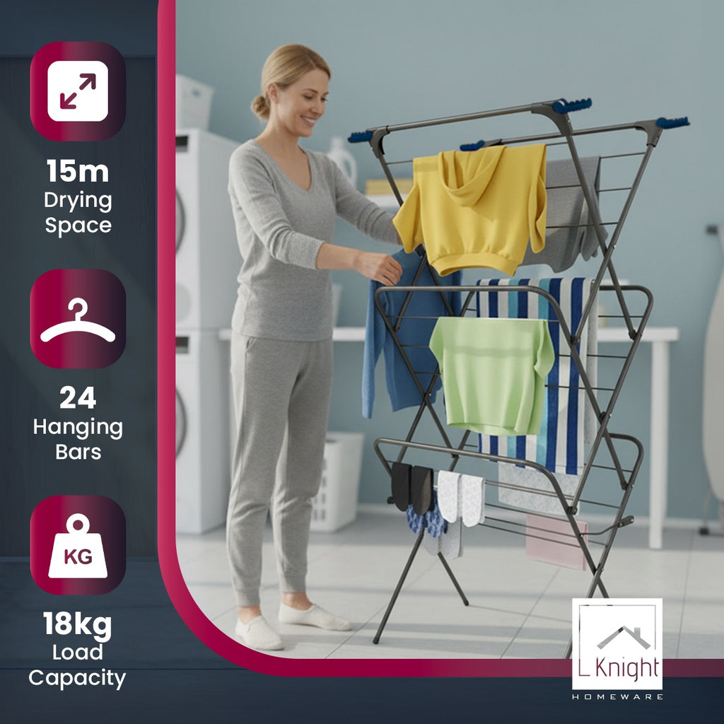 3 Tier Clothes Airer – Foldable Outdoor & Indoor  Drying Rack (Grey) | KNIGHT