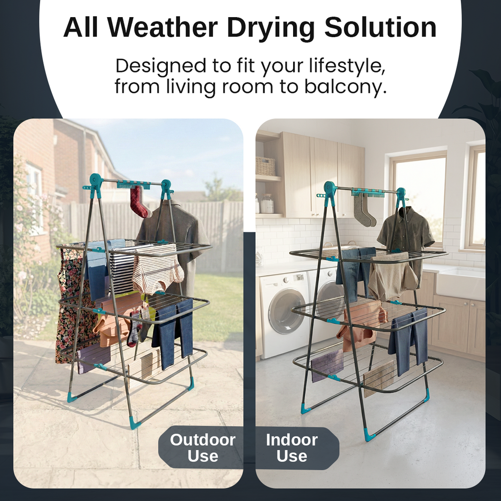 Knight 3 Tier Clothes Airer, 30m Drying Space, Free Standing Foldaway Clothes Drying Rack, Laundry Drying, Non Slip Feet, Extra Hanging Bar with Socks Clip, Space Saving Patent Design (Grey & Teal)