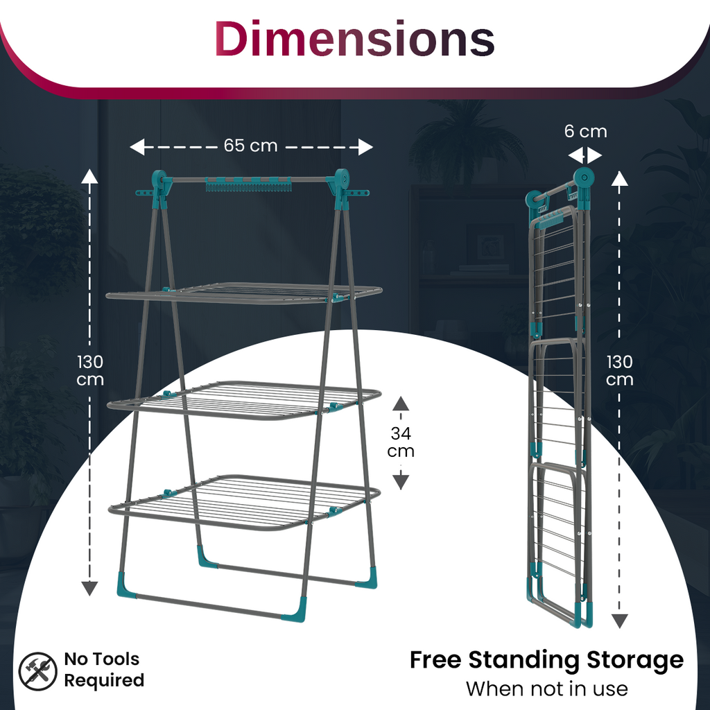 Knight 3 Tier Clothes Airer, 30m Drying Space, Free Standing Foldaway Clothes Drying Rack, Laundry Drying, Non Slip Feet, Extra Hanging Bar with Socks Clip, Space Saving Patent Design (Grey & Teal)
