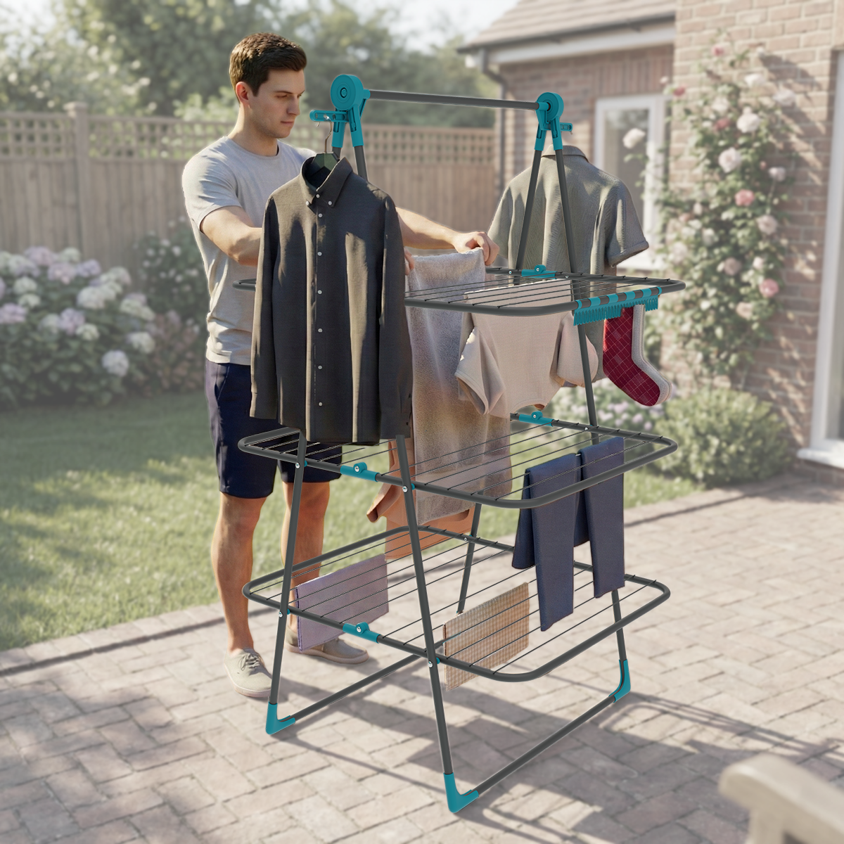 KNIGHT 3‑Tier Teal Grey Clothes Airer – 30m Indoor Drying Rack
