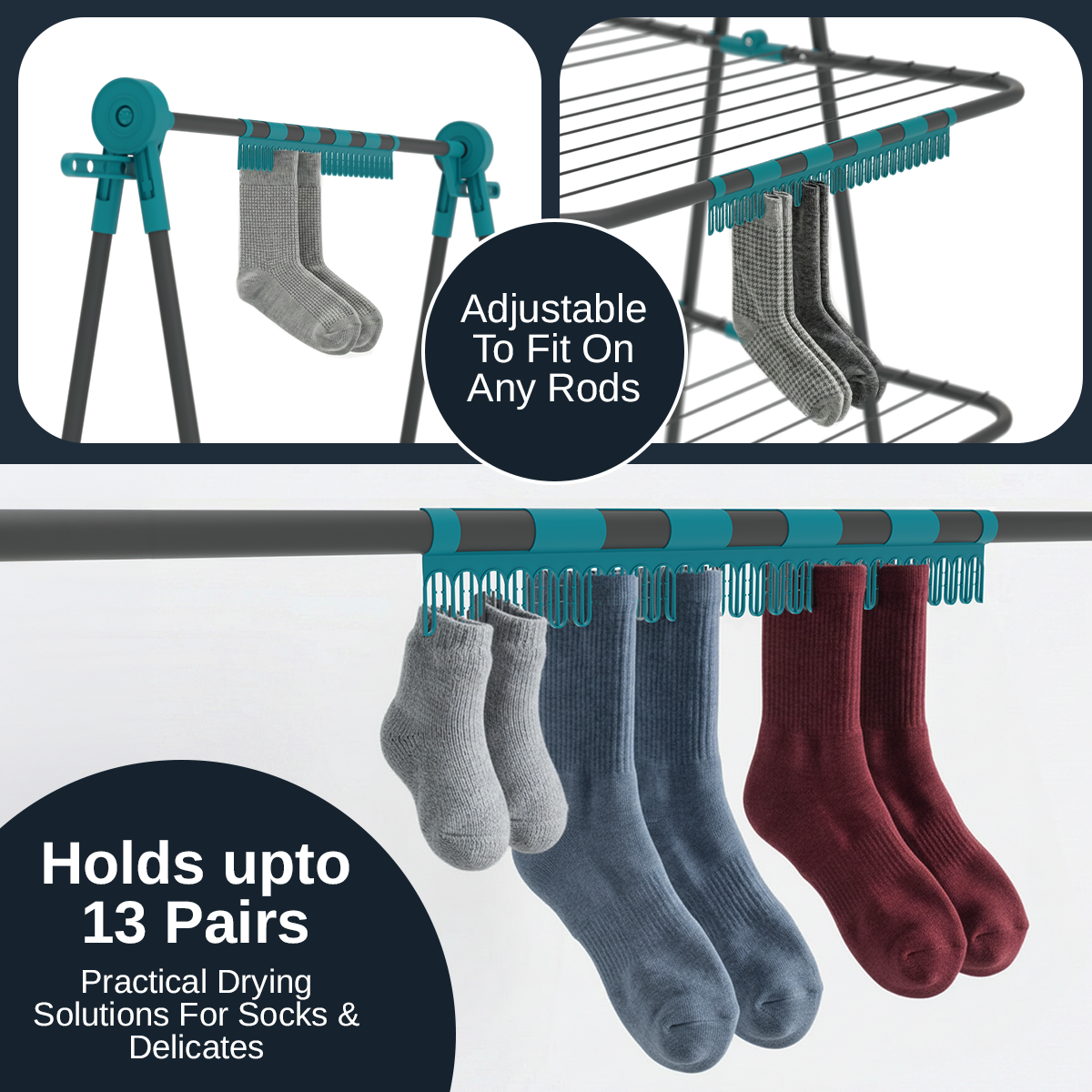 Knight 3 Tier Clothes Airer, 30m Drying Space, Free Standing Foldaway Clothes Drying Rack, Laundry Drying, Non Slip Feet, Extra Hanging Bar with Socks Clip, Space Saving Patent Design (Grey & Teal)