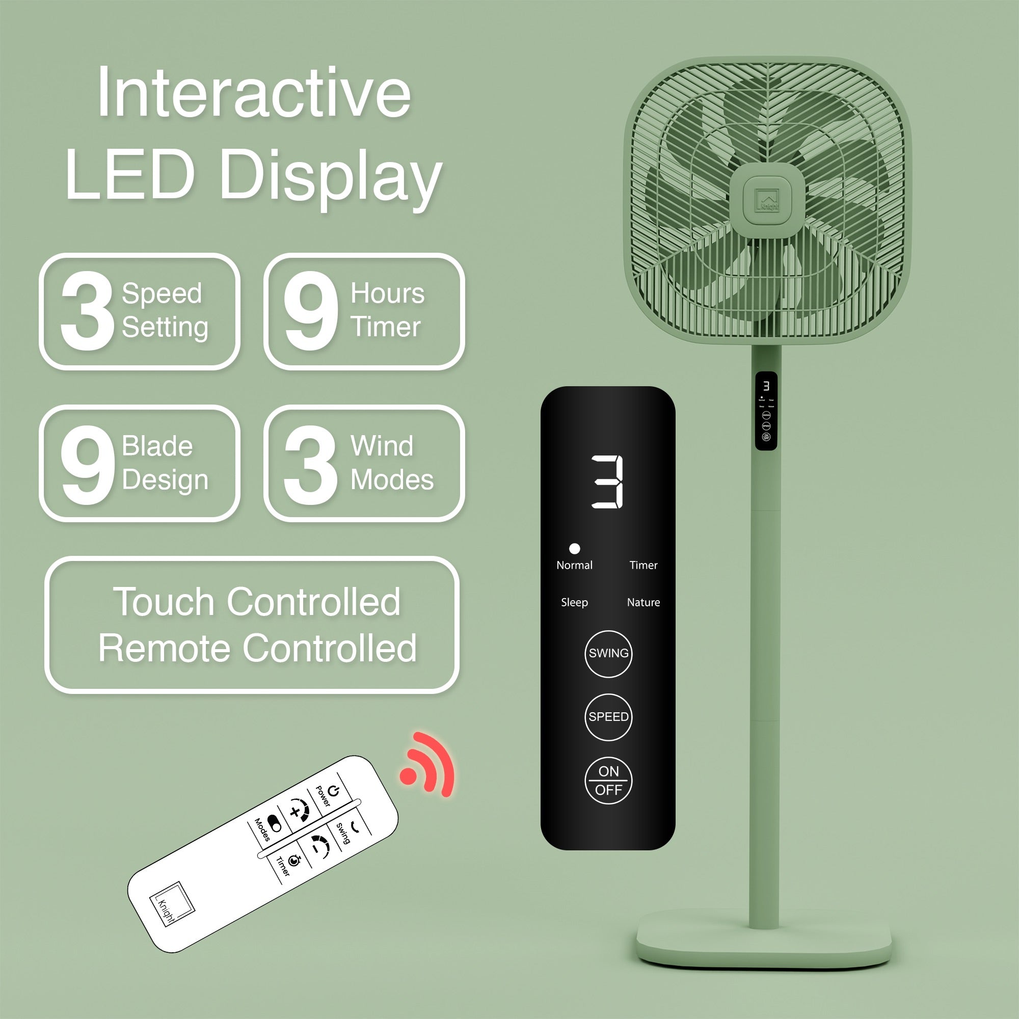 Knight 2in1 16" Square Stand Fan &amp; Desk Fan with Remote Control, Timer &amp; 3 speed Setting | 9 Blades Turbo Wind | Square Base | Oscillation | Easy Assemble - No Tools | Mint Green