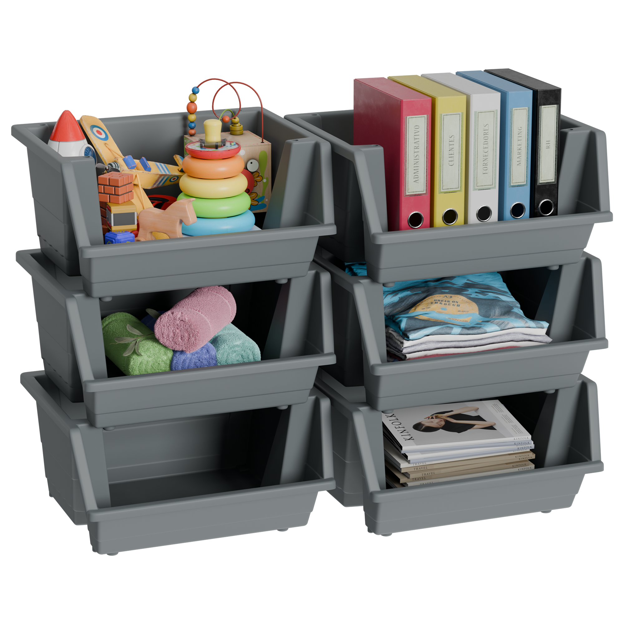 924222-KNIGHT 40L Stackable Open Storage Boxes-Grey - 6 Pack