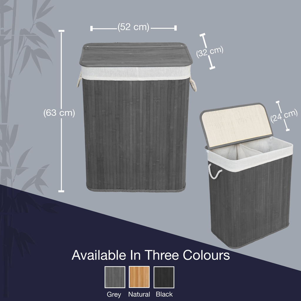 923157-KNIGHT Bamboo Laundry Hamper 105L - Dual Compartment Basket With Removable & Washable Liner-Grey
