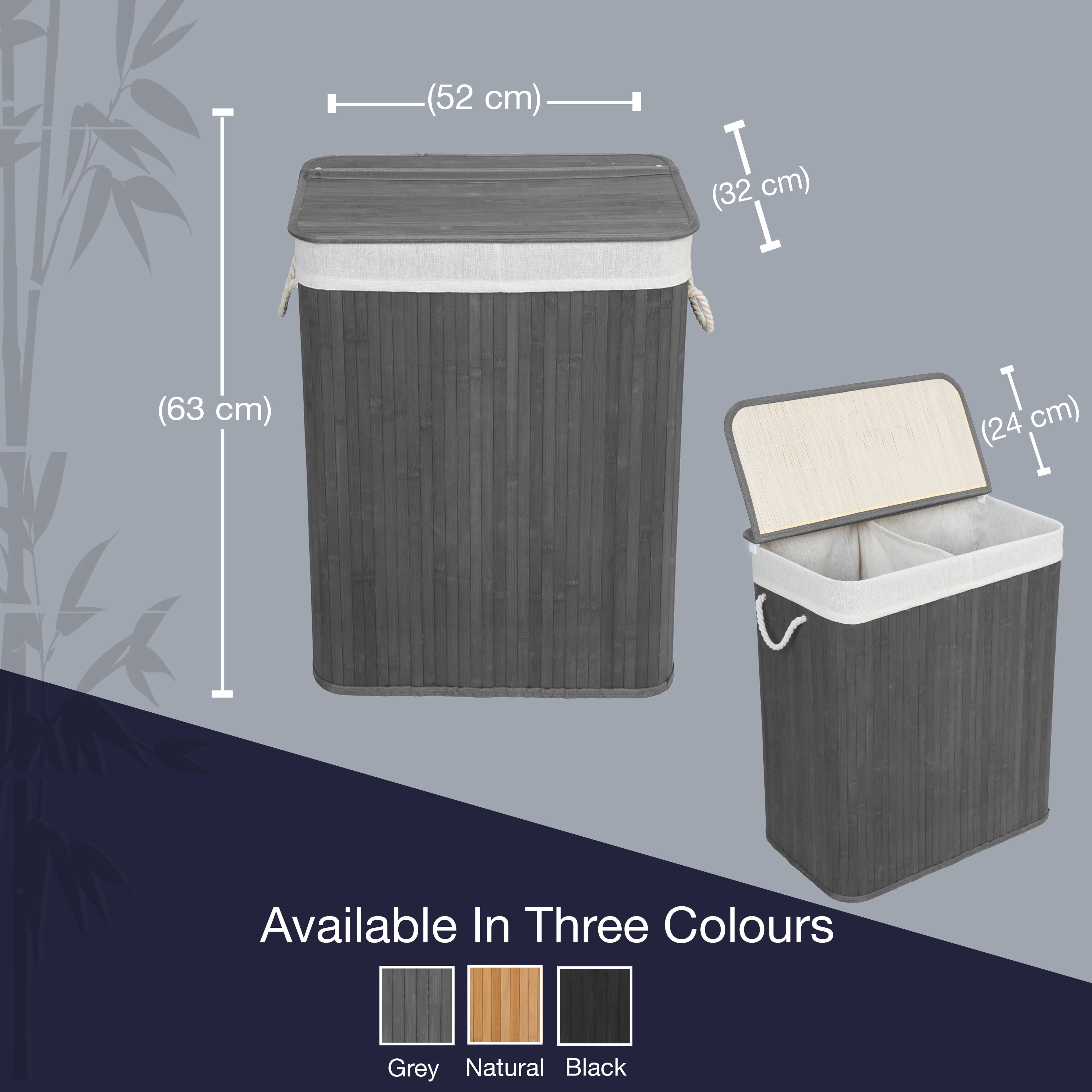 923157-KNIGHT Bamboo Laundry Hamper 105L - Dual Compartment Basket With Removable & Washable Liner-Grey