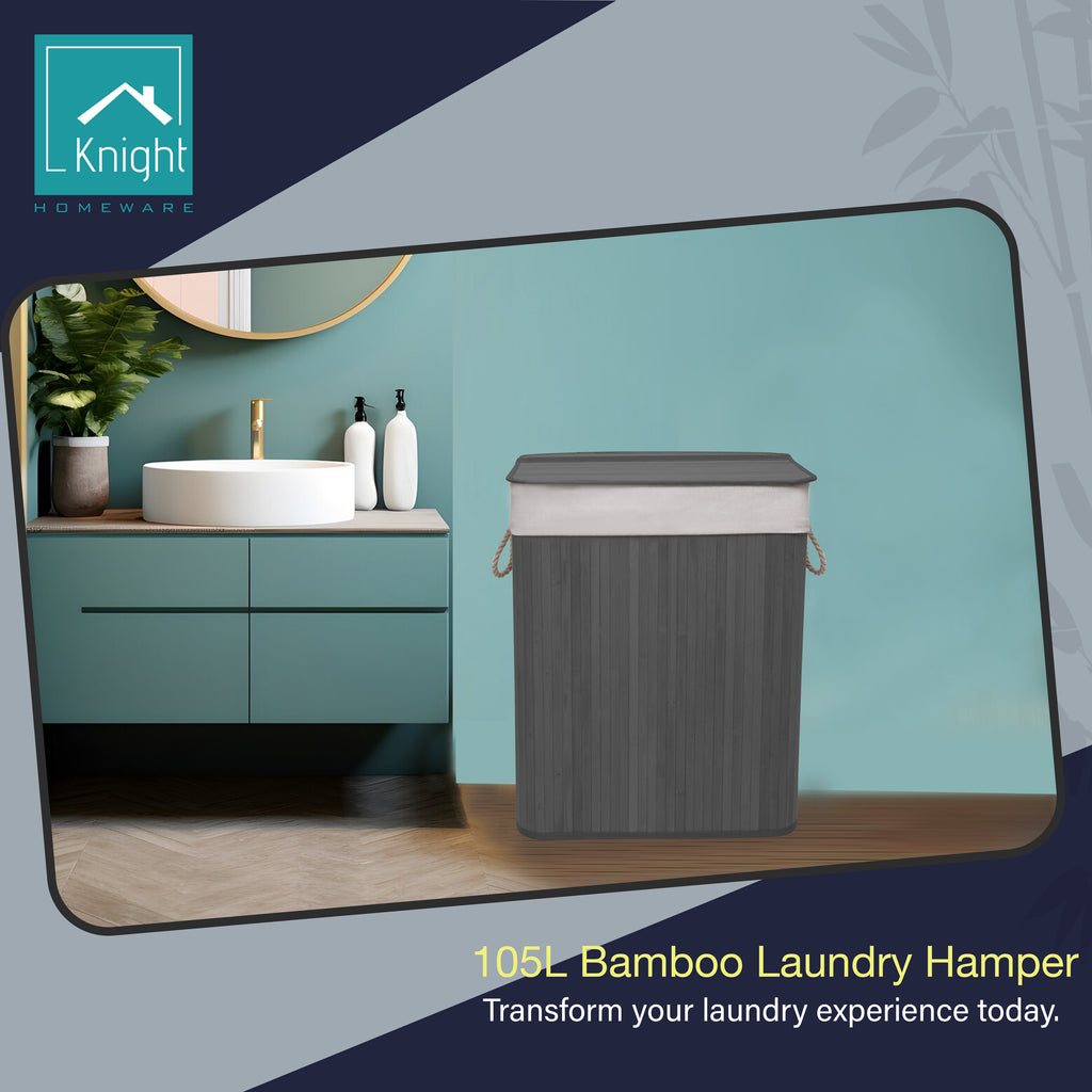 923157-KNIGHT Bamboo Laundry Hamper 105L - Dual Compartment Basket With Removable & Washable Liner-Grey