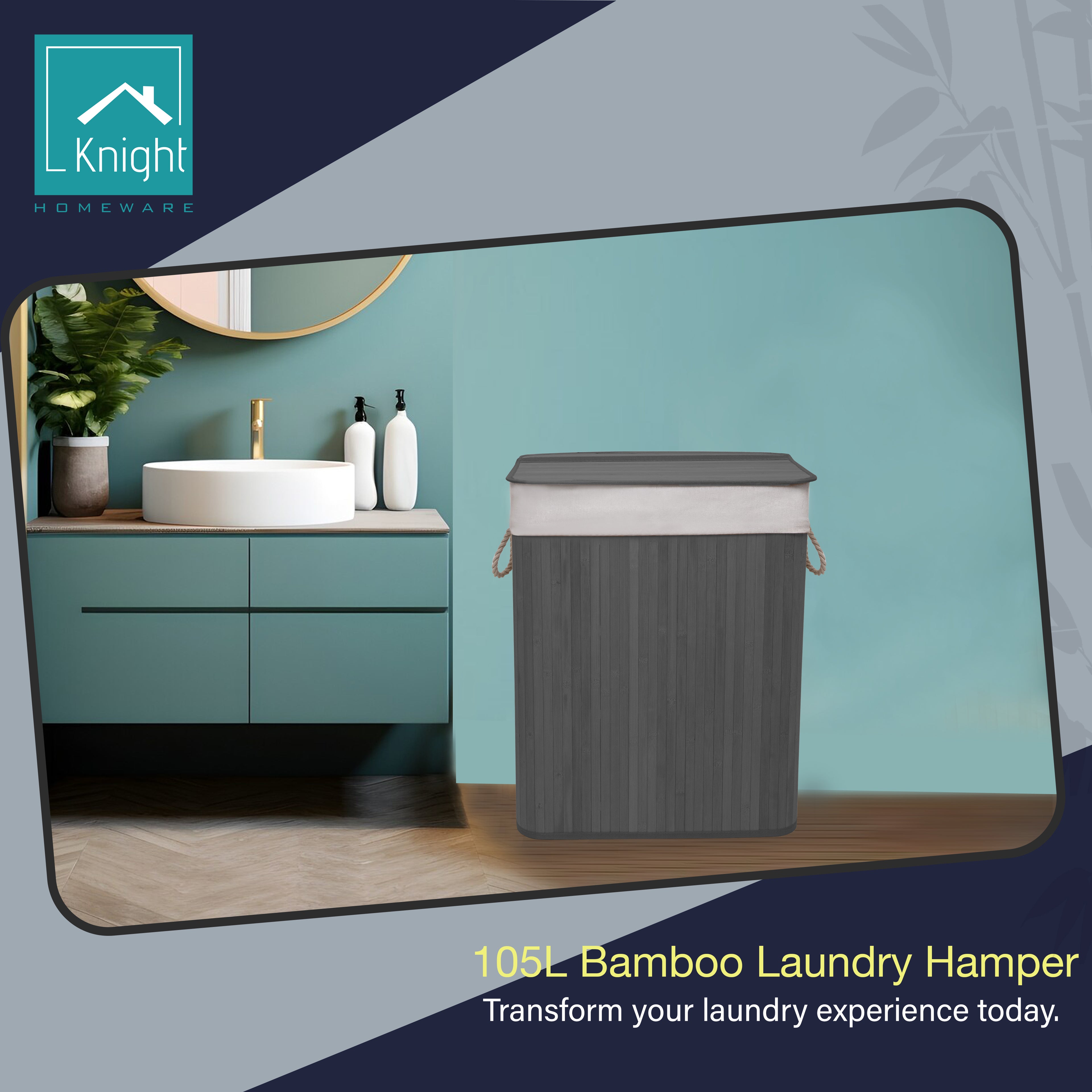 923157-KNIGHT Bamboo Laundry Hamper 105L - Dual Compartment Basket With Removable & Washable Liner-Grey