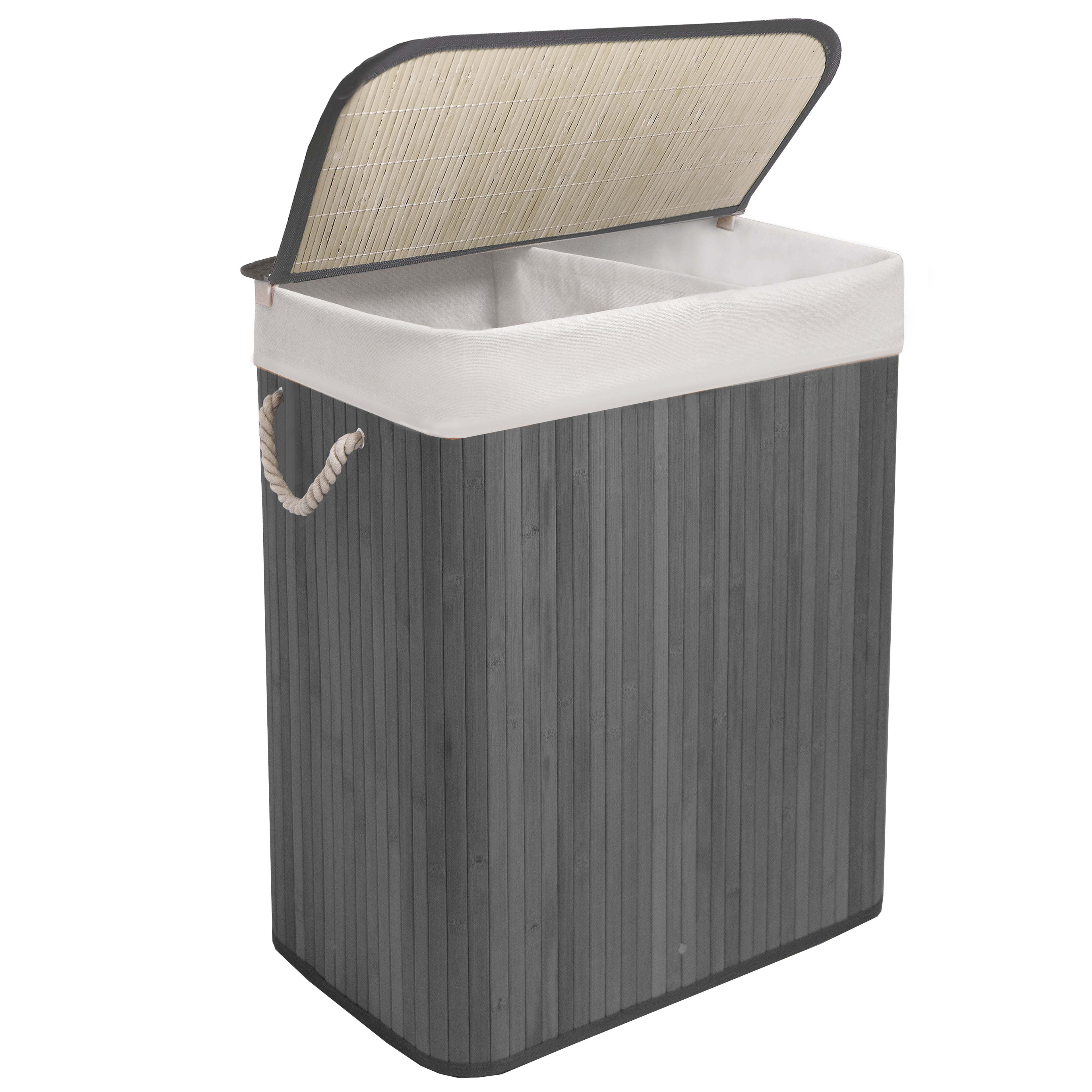 923157-KNIGHT Bamboo Laundry Hamper 105L - Dual Compartment Basket With Removable & Washable Liner-Grey