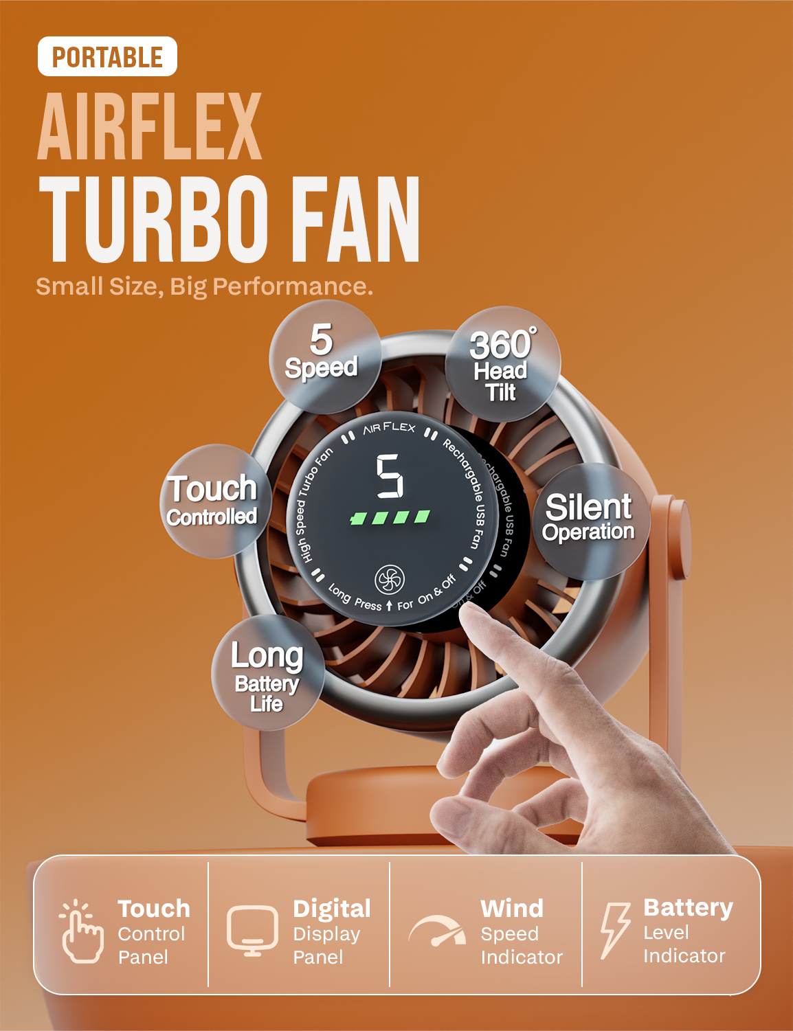 Knight AirFlex Mini Desk Fan, USB Rechargeable 3600mAh Battery - Use up to 10-Hours, Turbo Speed, Led Display, 5 Wind Speed Setting, Adjustable Angle, Portable Fan for Indoor&Outdoor (Amber Heat)