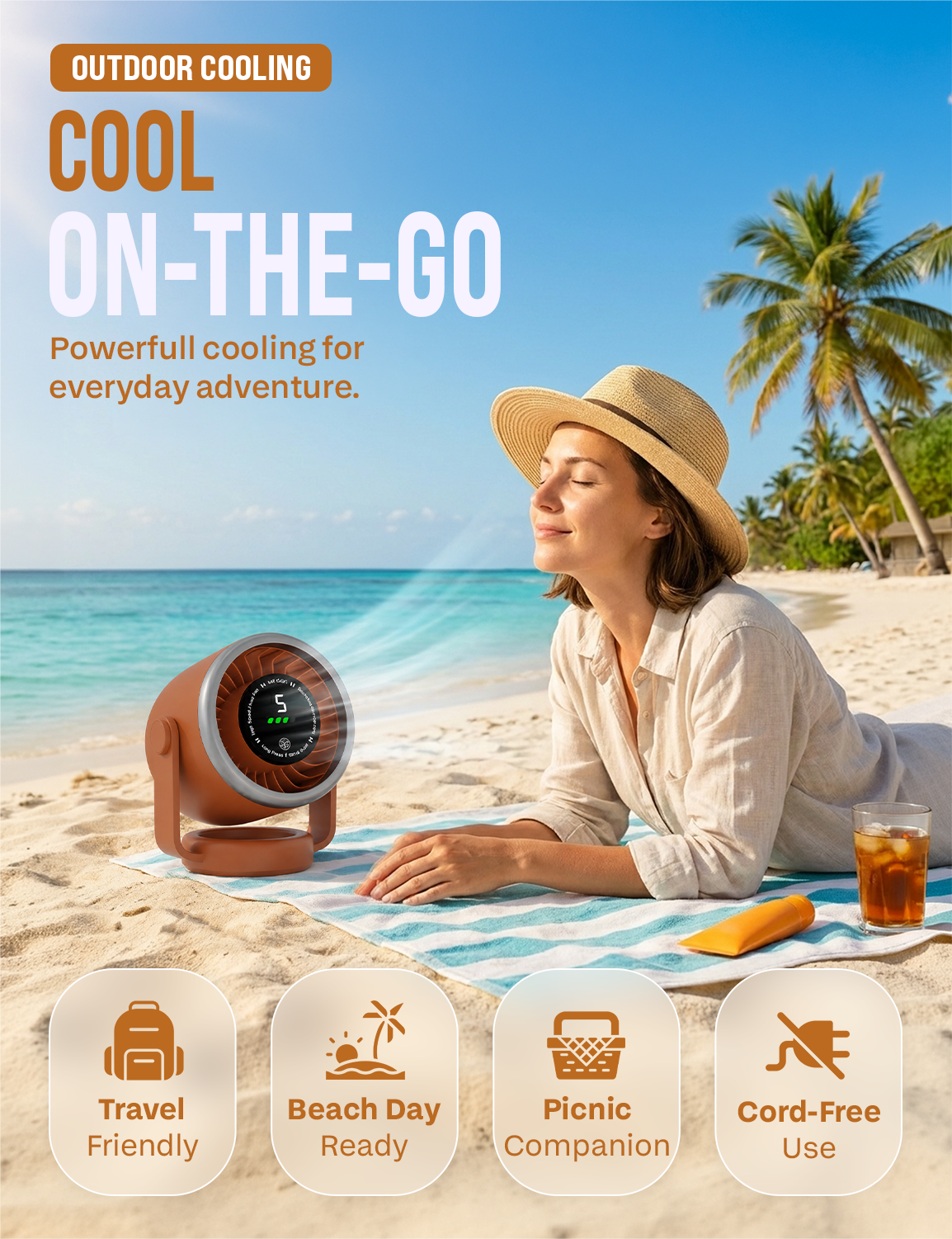Knight AirFlex Mini Desk Fan, USB Rechargeable 3600mAh Battery - Use up to 10-Hours, Turbo Speed, Led Display, 5 Wind Speed Setting, Adjustable Angle, Portable Fan for Indoor&Outdoor (Amber Heat)
