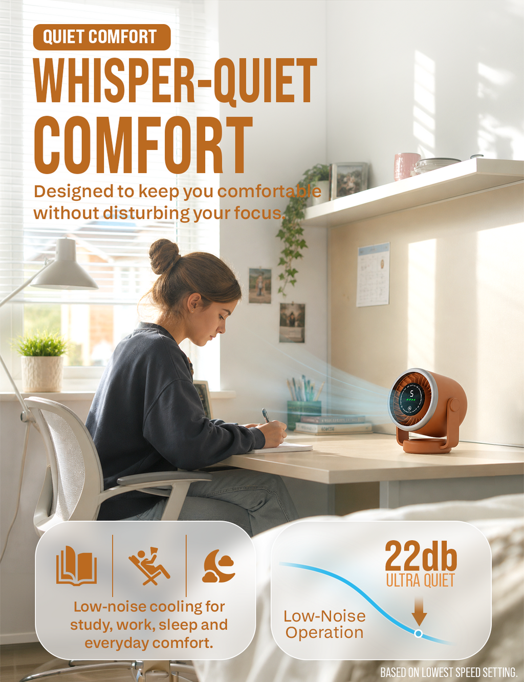 Knight AirFlex Mini Desk Fan, USB Rechargeable 3600mAh Battery - Use up to 10-Hours, Turbo Speed, Led Display, 5 Wind Speed Setting, Adjustable Angle, Portable Fan for Indoor&Outdoor (Amber Heat)