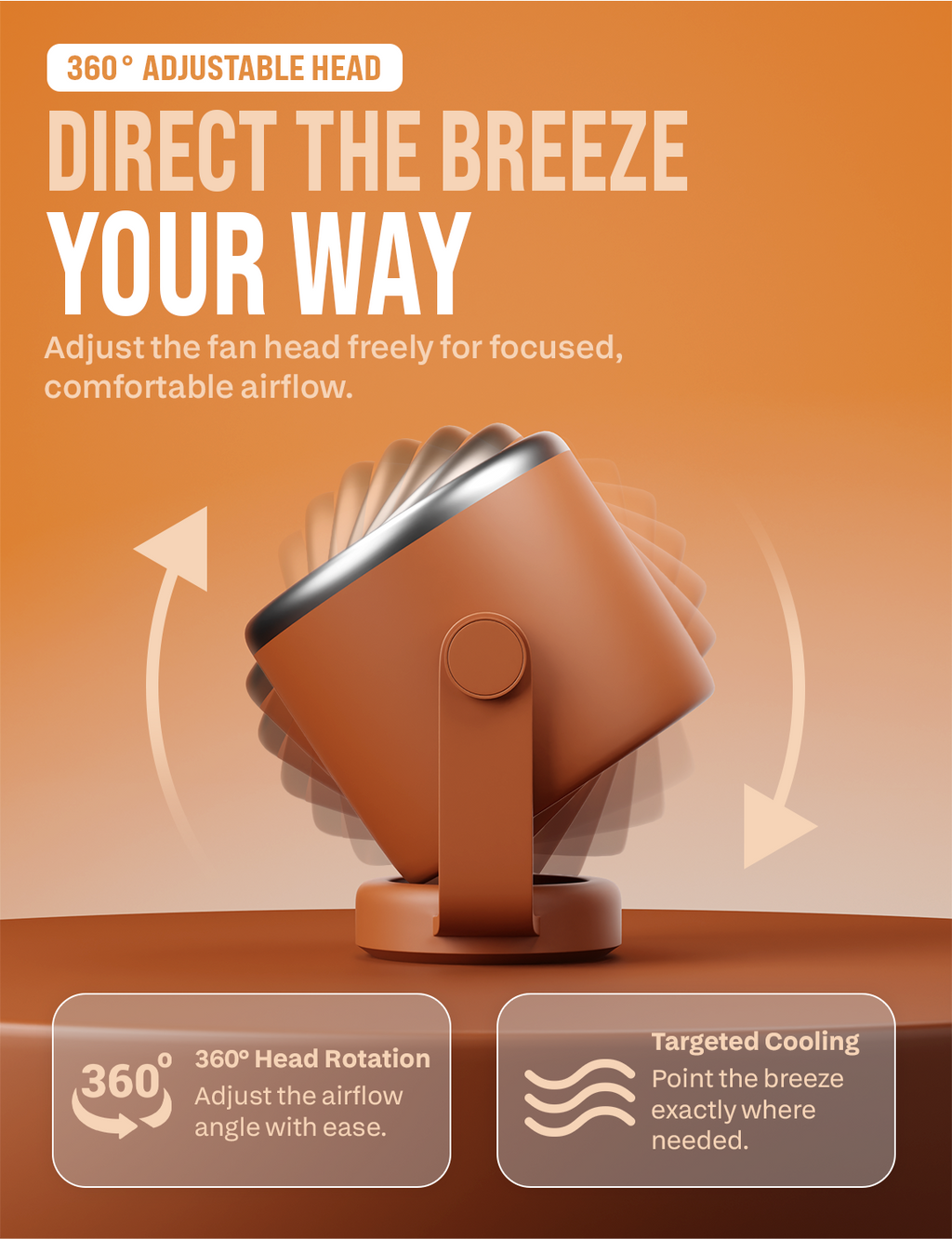 Knight AirFlex Mini Desk Fan, USB Rechargeable 3600mAh Battery - Use up to 10-Hours, Turbo Speed, Led Display, 5 Wind Speed Setting, Adjustable Angle, Portable Fan for Indoor&Outdoor (Amber Heat)