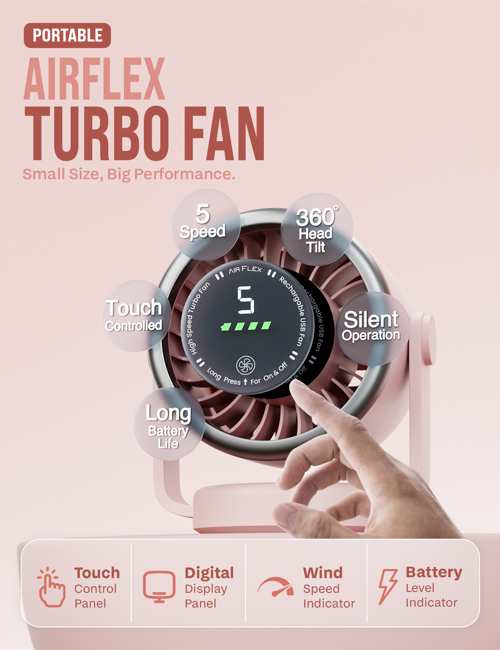 Knight AirFlex Mini Desk Fan, USB Rechargeable 3600mAh Battery - Use up to 10-Hours, Turbo Speed, Led Display, 5 Wind Speed Setting, Adjustable Angle, Portable Fan for Indoor&Outdoor (Blush Rose)