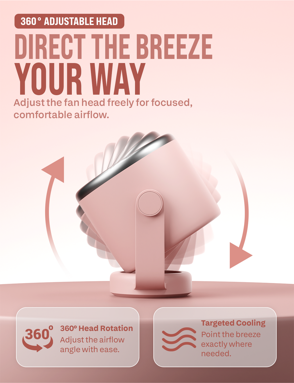 Knight AirFlex Mini Desk Fan, USB Rechargeable 3600mAh Battery - Use up to 10-Hours, Turbo Speed, Led Display, 5 Wind Speed Setting, Adjustable Angle, Portable Fan for Indoor&Outdoor (Blush Rose)