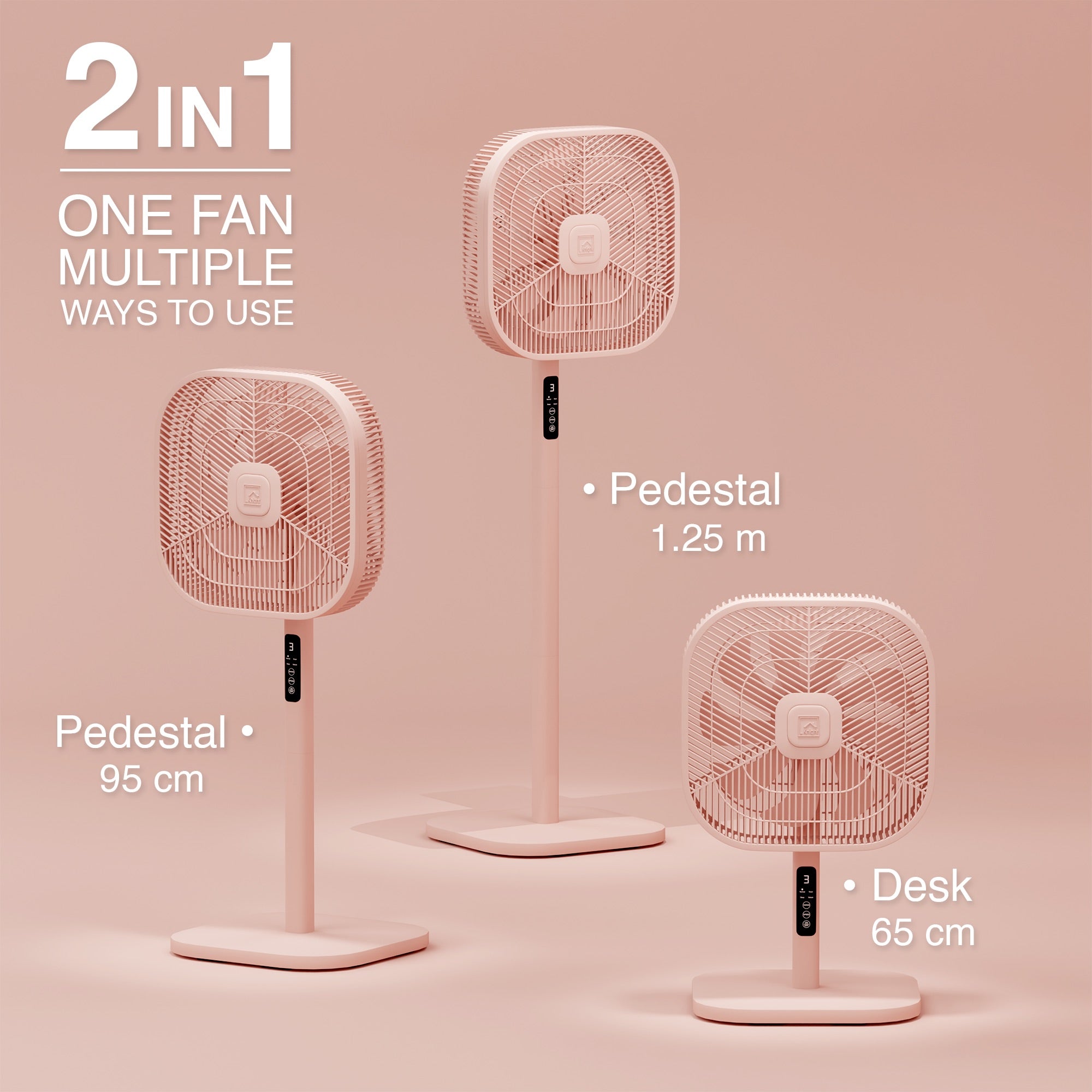 Knight 2in1 16" Square Stand Fan &amp; Desk Fan with Remote Control, Timer &amp; 3 speed Setting | 9 Blades Turbo Wind | Square Base | Oscillation | Easy Assemble - No Tools | Candy Pink