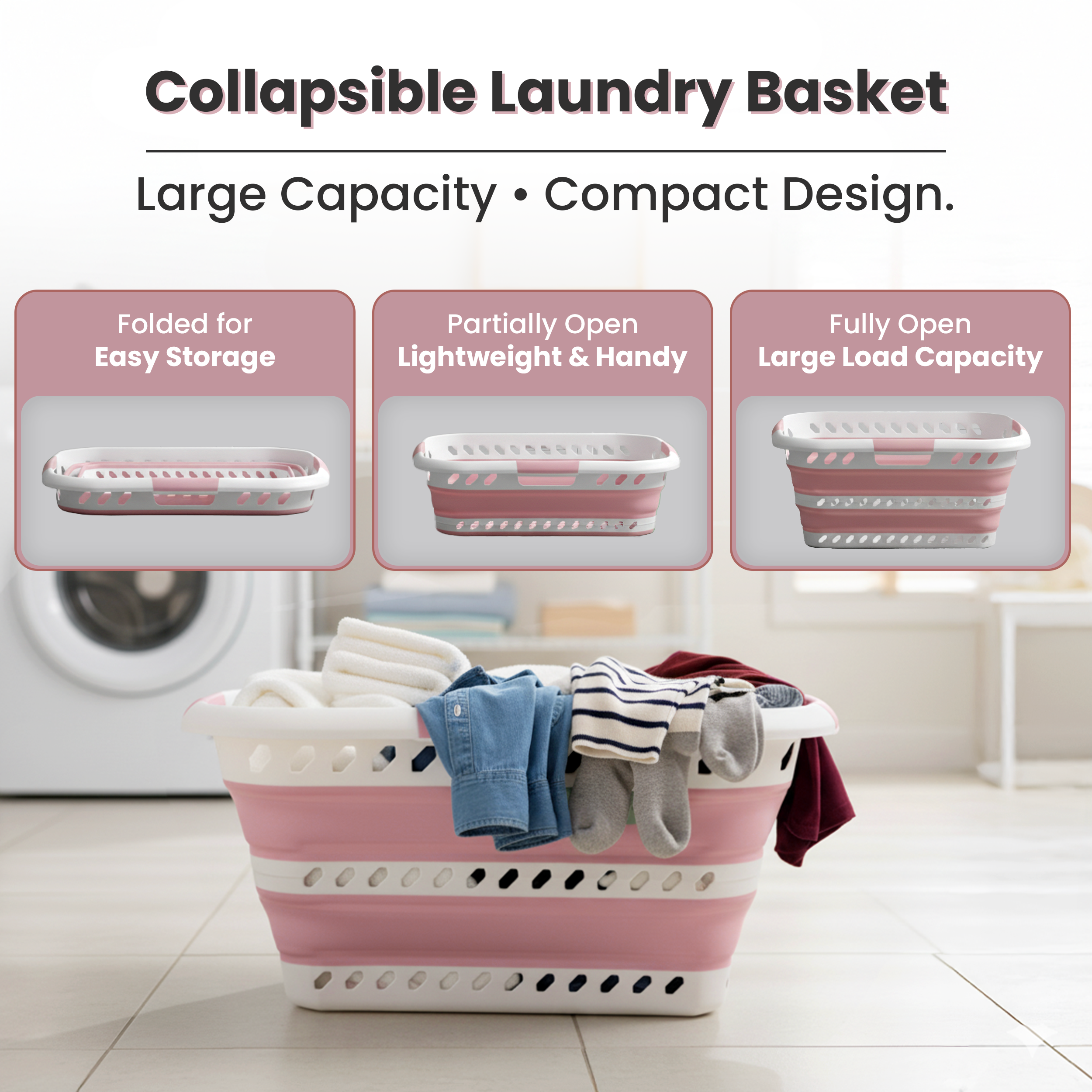 KNIGHT Collapsible Laundry Basket 42L – Foldable Pop‑Up Washing Basket (Pink)
