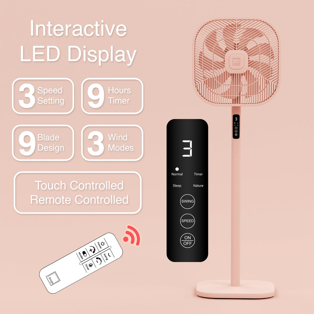 Knight 2in1 16" Square Stand Fan &amp; Desk Fan with Remote Control, Timer &amp; 3 speed Setting | 9 Blades Turbo Wind | Square Base | Oscillation | Easy Assemble - No Tools | Candy Pink