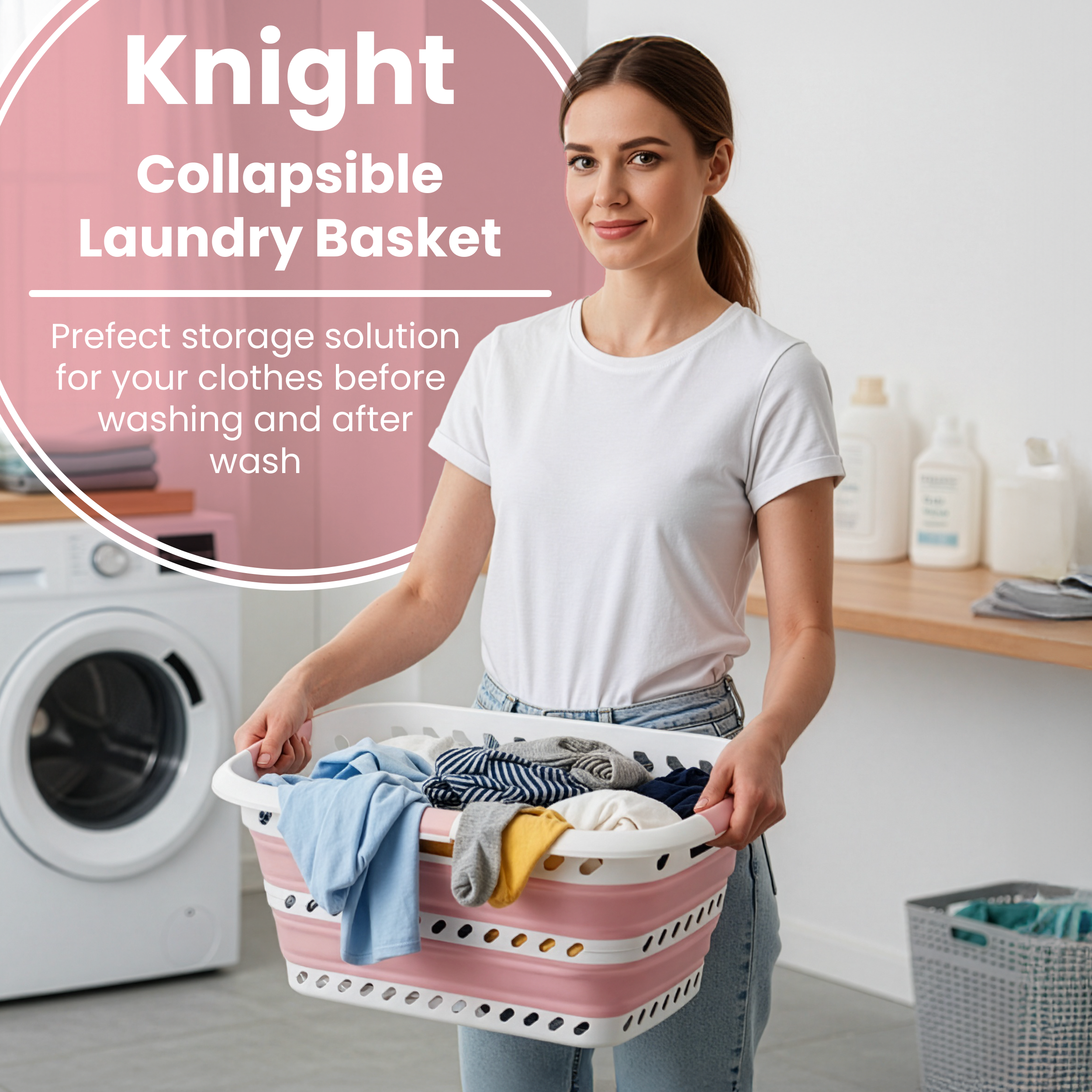 KNIGHT Collapsible Laundry Basket 42L – Foldable Pop‑Up Washing Basket (Pink)