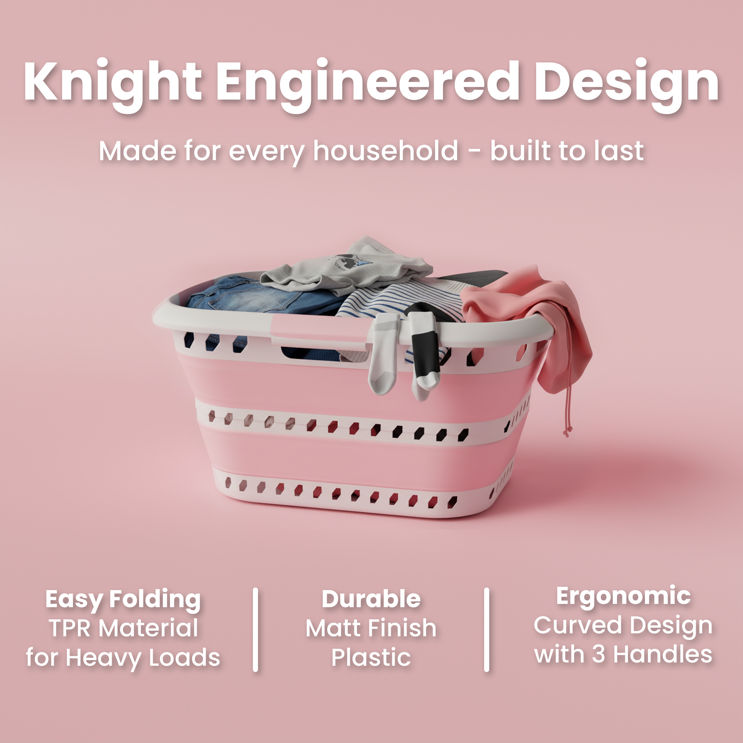 KNIGHT Collapsible Laundry Basket 42L – Foldable Pop‑Up Washing Basket (Pink)