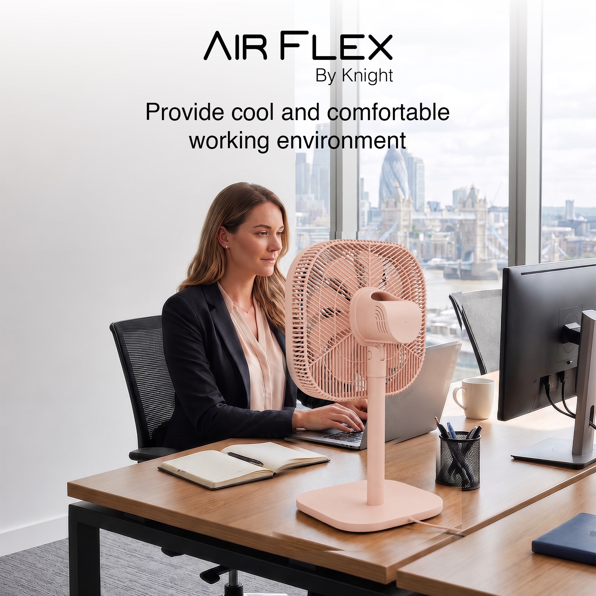 Knight 2in1 16" Square Stand Fan &amp; Desk Fan with Remote Control, Timer &amp; 3 speed Setting | 9 Blades Turbo Wind | Square Base | Oscillation | Easy Assemble - No Tools | Candy Pink