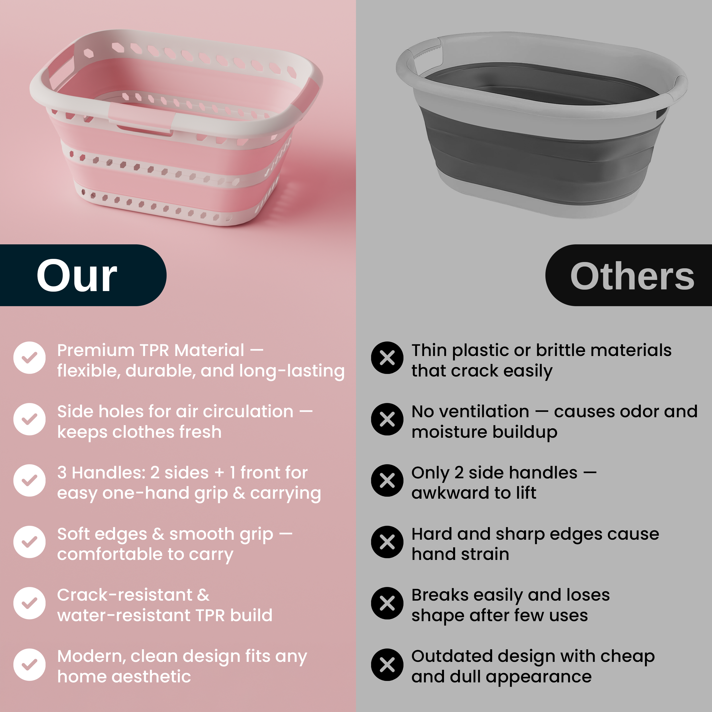 KNIGHT Collapsible Laundry Basket 42L – Foldable Pop‑Up Washing Basket (Pink)